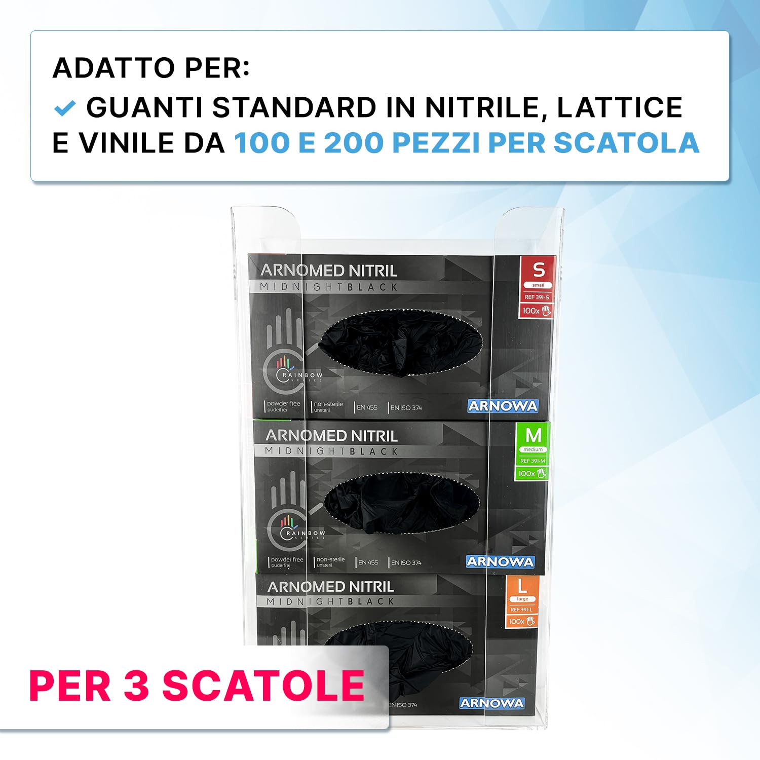 ARNOMED Porta guanti in lattice 3 dispenser parete per 3 scatole acrilico trasparente 24,6x8,1x41 cm