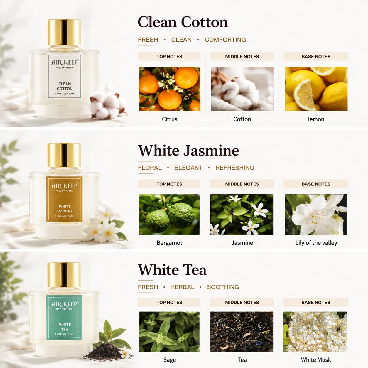 Airkeep Juego de 3 difusores de varillas de aceite de té blanco de jazmín blanco de algodón limpio para dormitorio, sala de estar, oficina, aromaterapia, difusor de varillas para regalo, 50 ml x 3