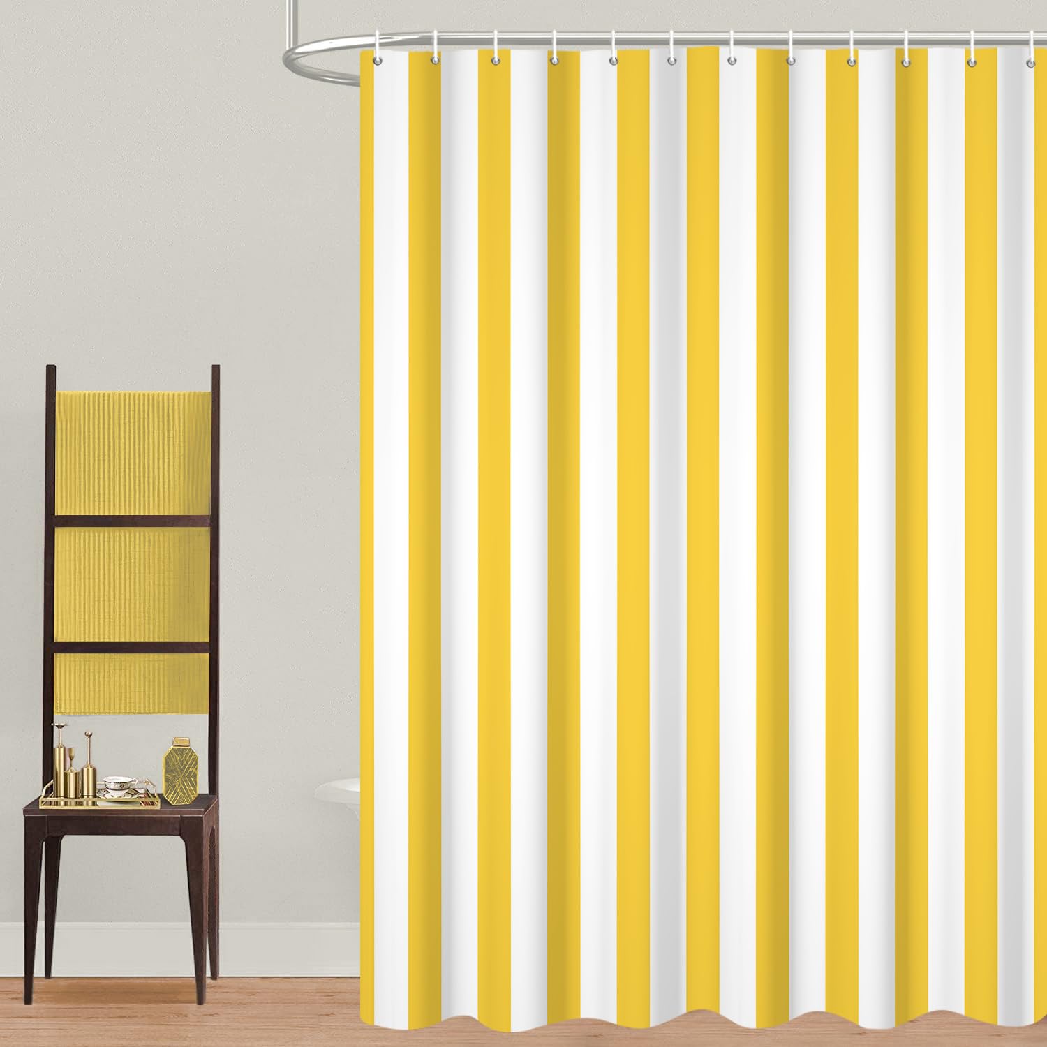 GCIREC Shower Curtain, 180x240cm, Yellow and White Modern Minimalism Vertical Stripes Waterproof Fabric Machine Washable Bathroom Curtain with Hooks
