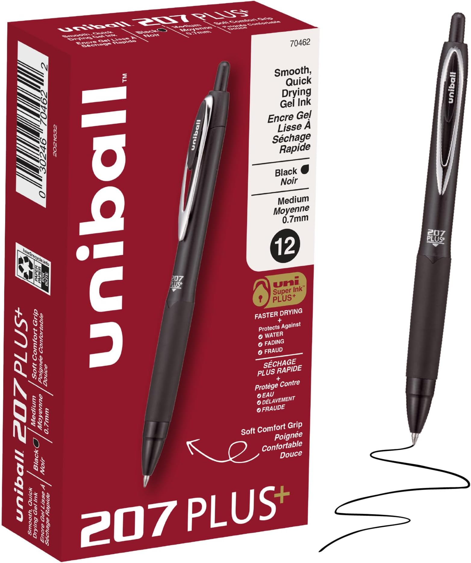 uniball™ 207 Plus+ Gel Pens, Black Ink, 0.7mm Medium Point, 12 Count