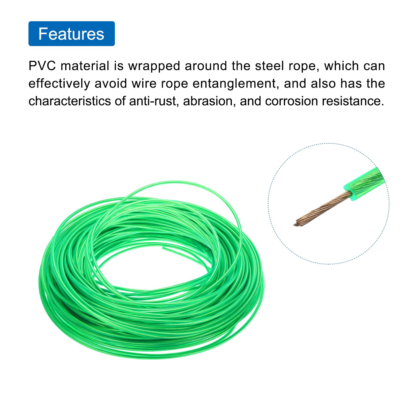 QUARKZMAN Cable de Acero Galvanizado Recubierto de Vinilo Verde de 3,5 Mm (9/64 Pulgadas), Cable de Cuerda de Alambre de Acero Galvanizado de 60 M / 197 Pies con 8Pcs de Fundas de Bucle M5