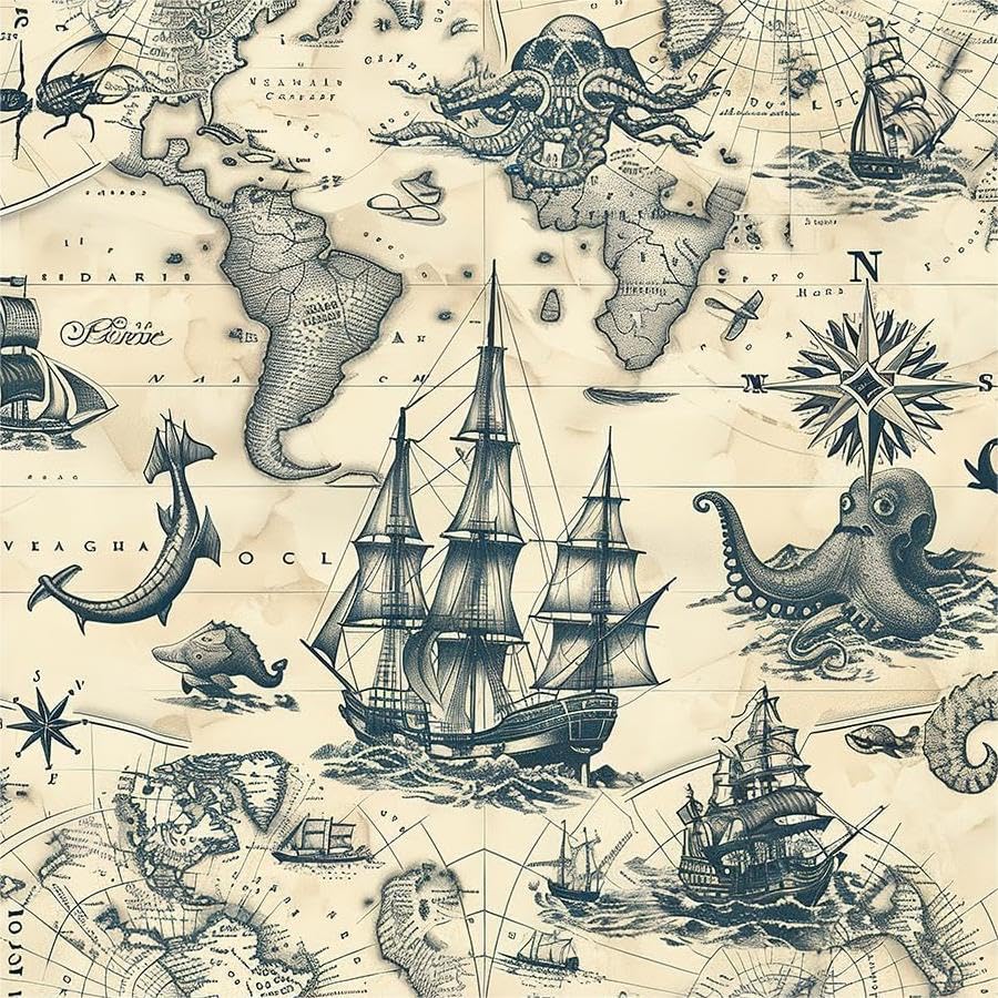 REDAMANCY Ancient Ocean World map Sailing Boho Peel and Stick Wallpaper Vintage Wall Paper Stick on Contact Paper Easy Peel Off for nightstand Drawer Renter Friendly 17.7'x236'