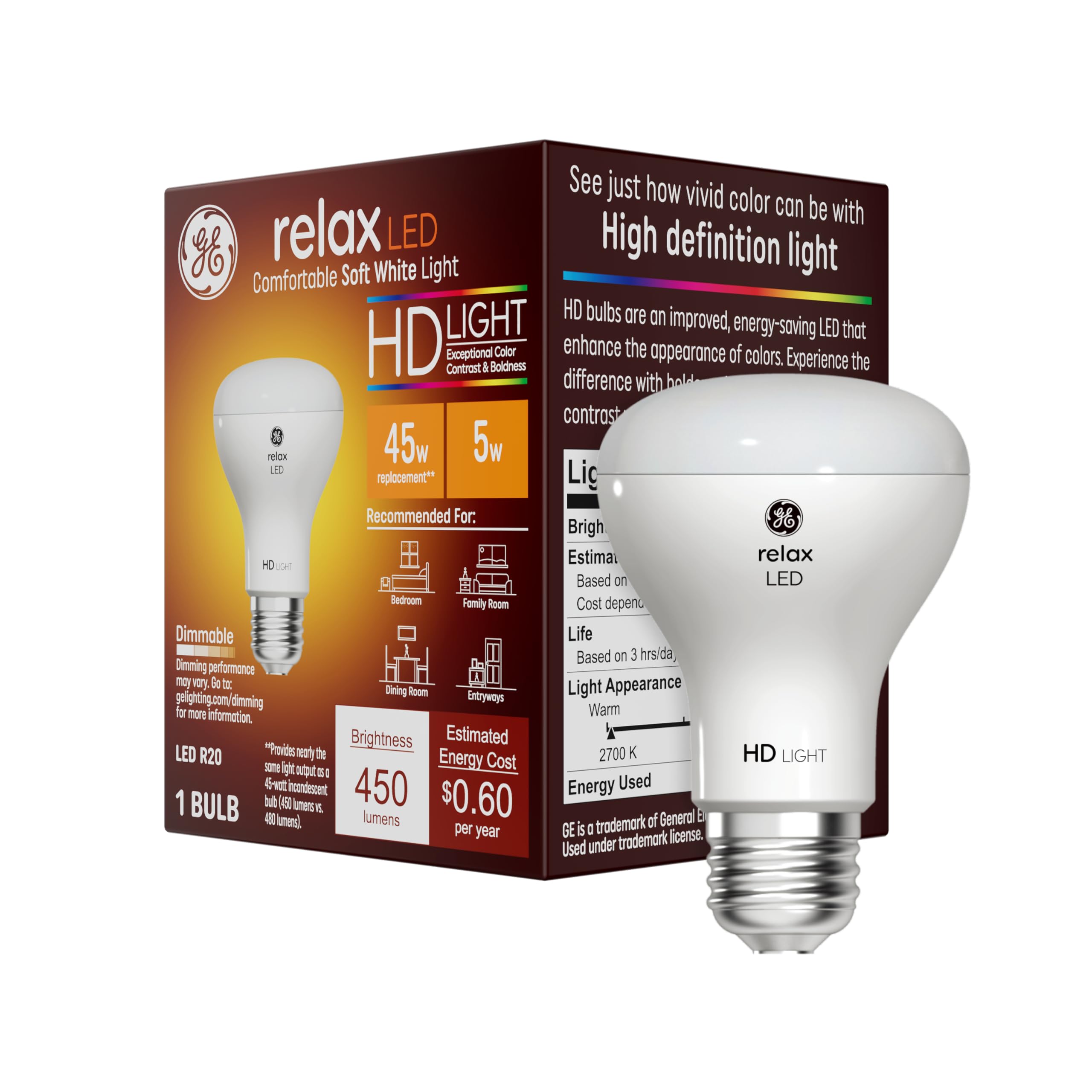 GE Relax LED Light Bulb, 45 Watt, Soft White, R20 Indoor