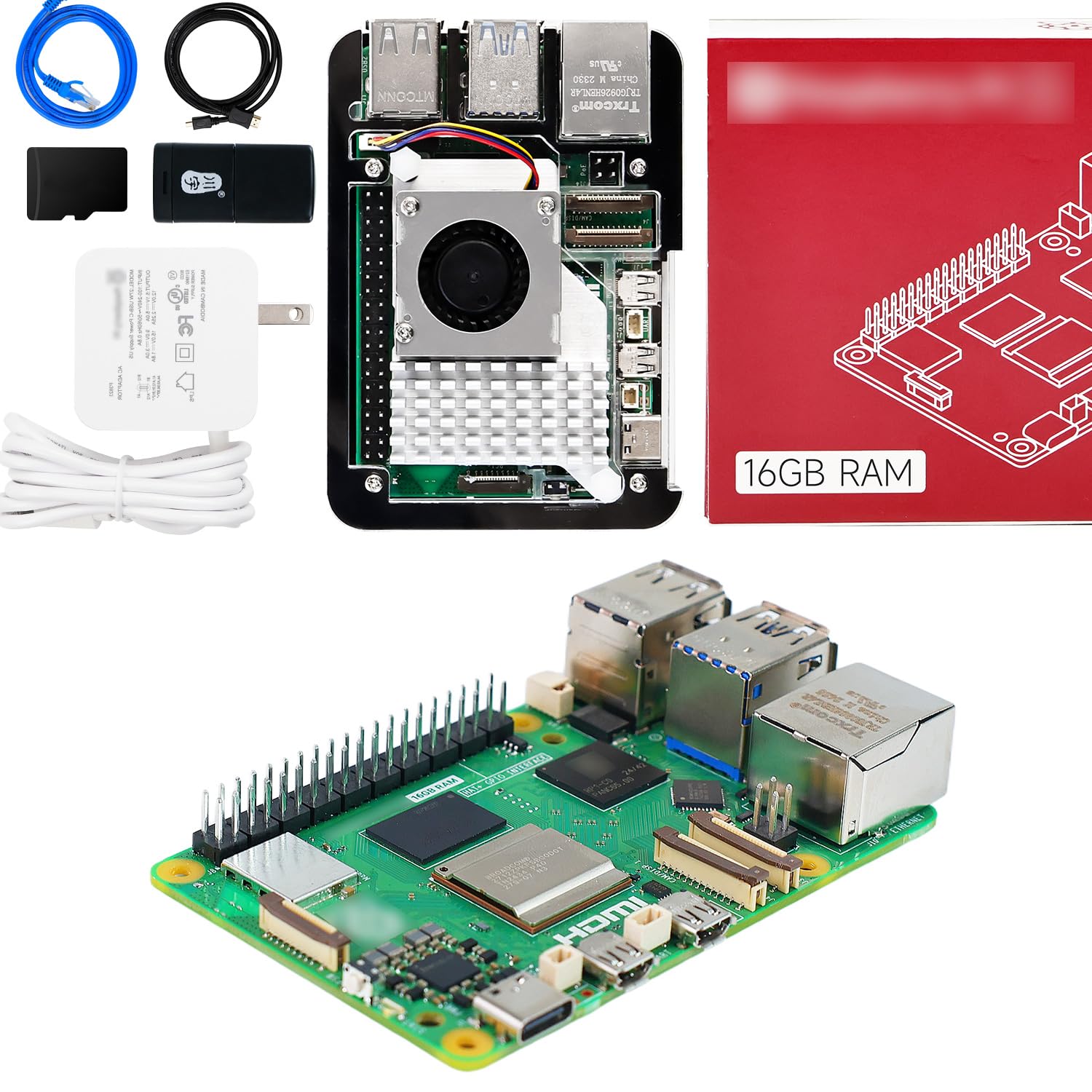 Yahboom Pi 5 16GB Board Starter Kit with 27W 5.1V/5A Power Adapter Including Pi 5 Board, Pi 5 Case and Active Cooler (Pi5 16GB, Official Cooler Kit)