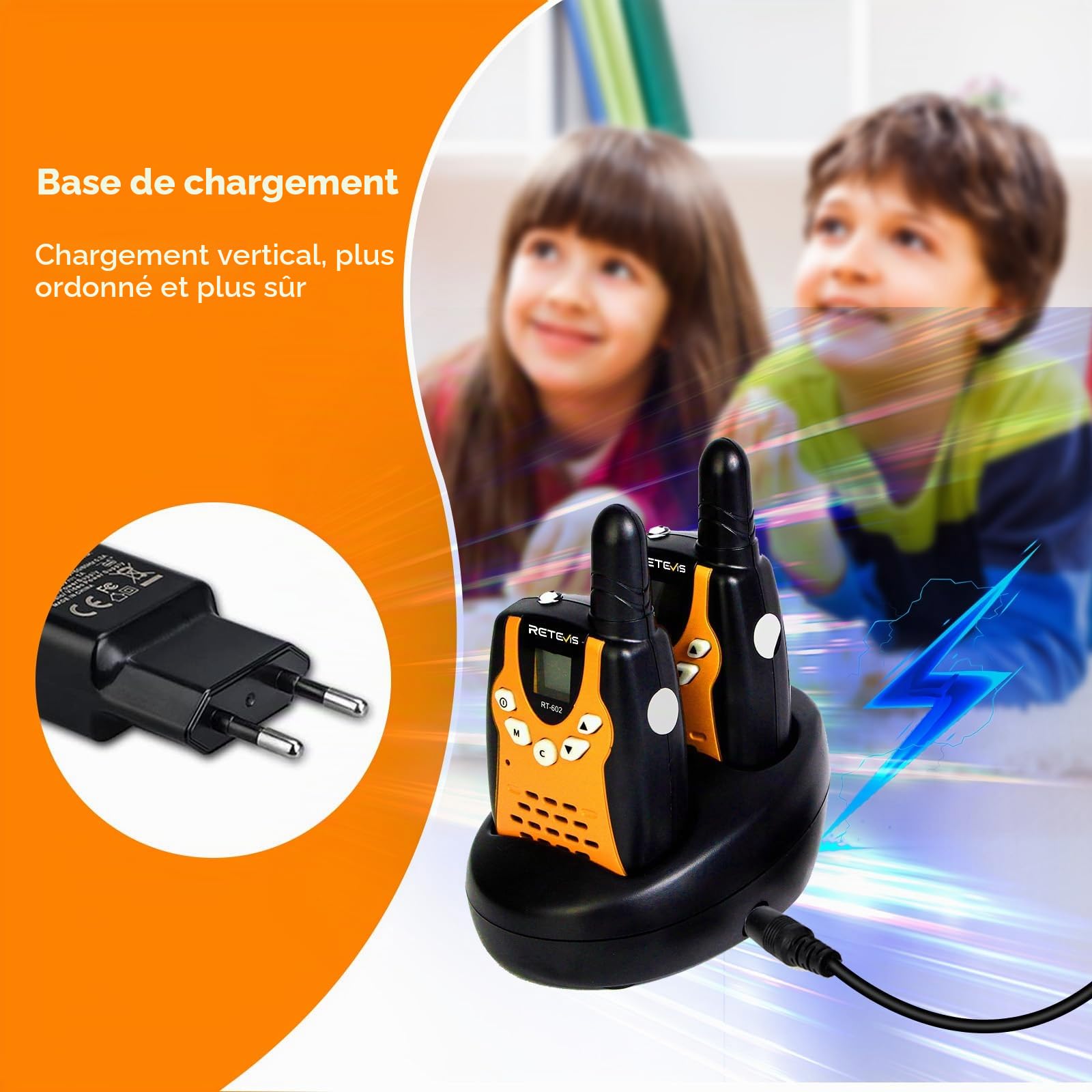 Retevis RT602 Talkie Walkie Enfant Rechargeable avec Base de Chargement et Batterie Li-Ion, Lampe Poche, Cadeau Camping Aventure (1 Paire, Orange)