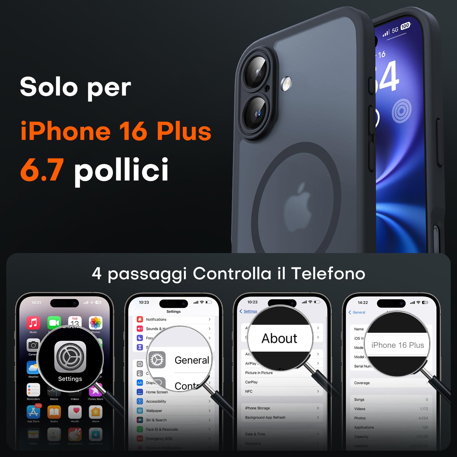 TOCOL Cover Magnetica per iPhone 16 Plus 6,7 Pollic, Compatibile con MagSafe, Protezione Fotocamera Integrata, Custodia Antiurto Traslucida Opaca, Nero