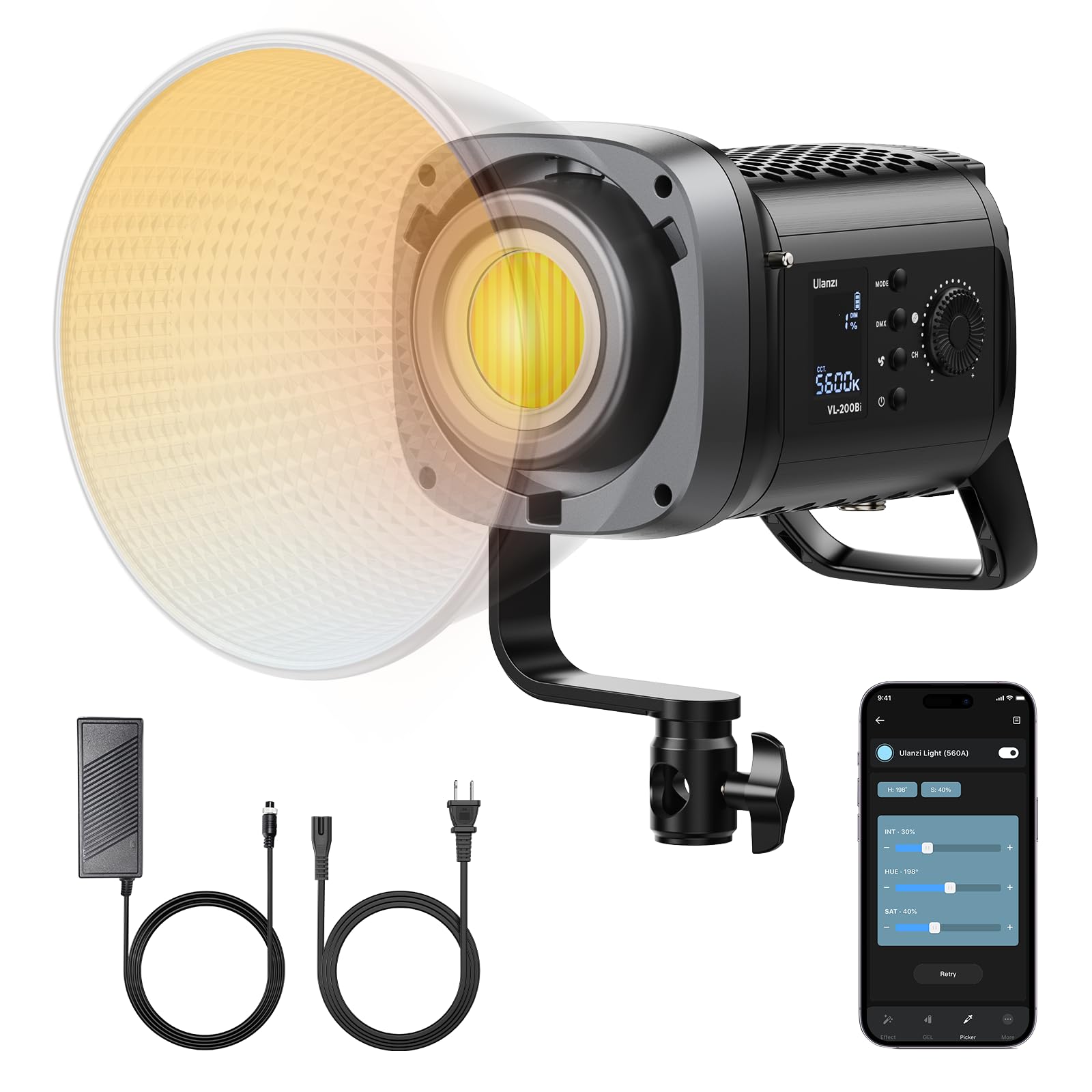 ULANZI 200W COB Video Light - VL-200Bi Bi Color LED Video Light Continuous Output Lighting with Adapter & APP Control, 2700K-6500K 6 Scenes Bowens Mount Photography Studio Lights for Videos Recording