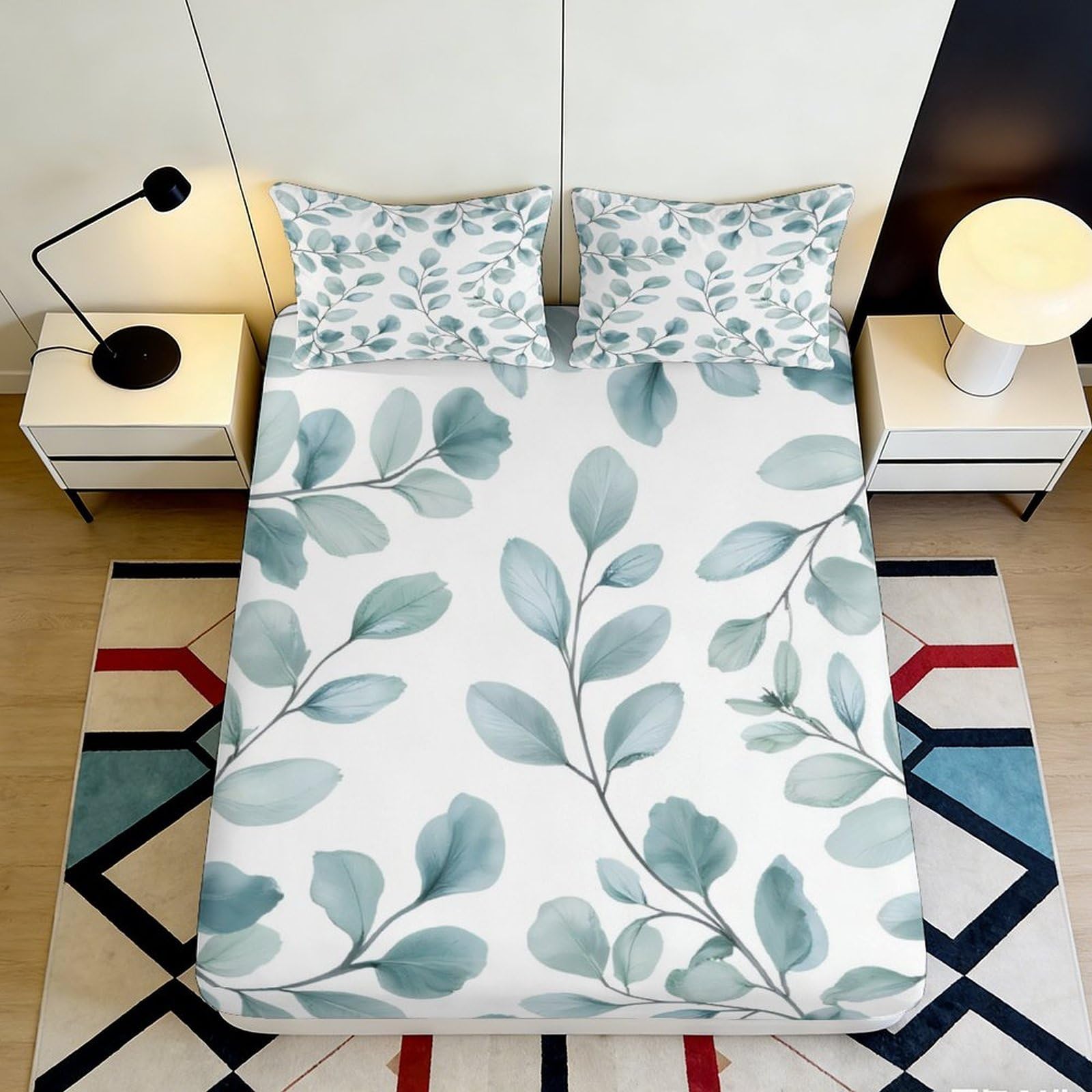 3D Printed Green Leaf Fitted Sheet Microfiber Soft Breathable Botanical Mattress Cover for Bedroom Dormitory Guest Room Protective Bed Cover 140x200x25cm