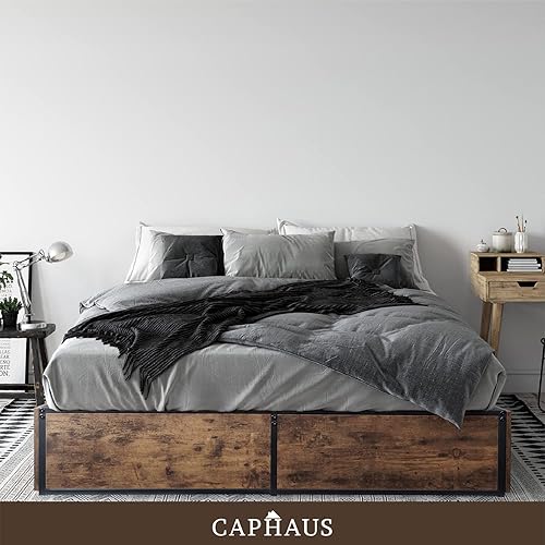 Miniatura 3 de CAPHAUS Base de cama de almacenamiento de metal industrial con 4 cajones, base de colchón con soporte de listones de metal, marco de cama de