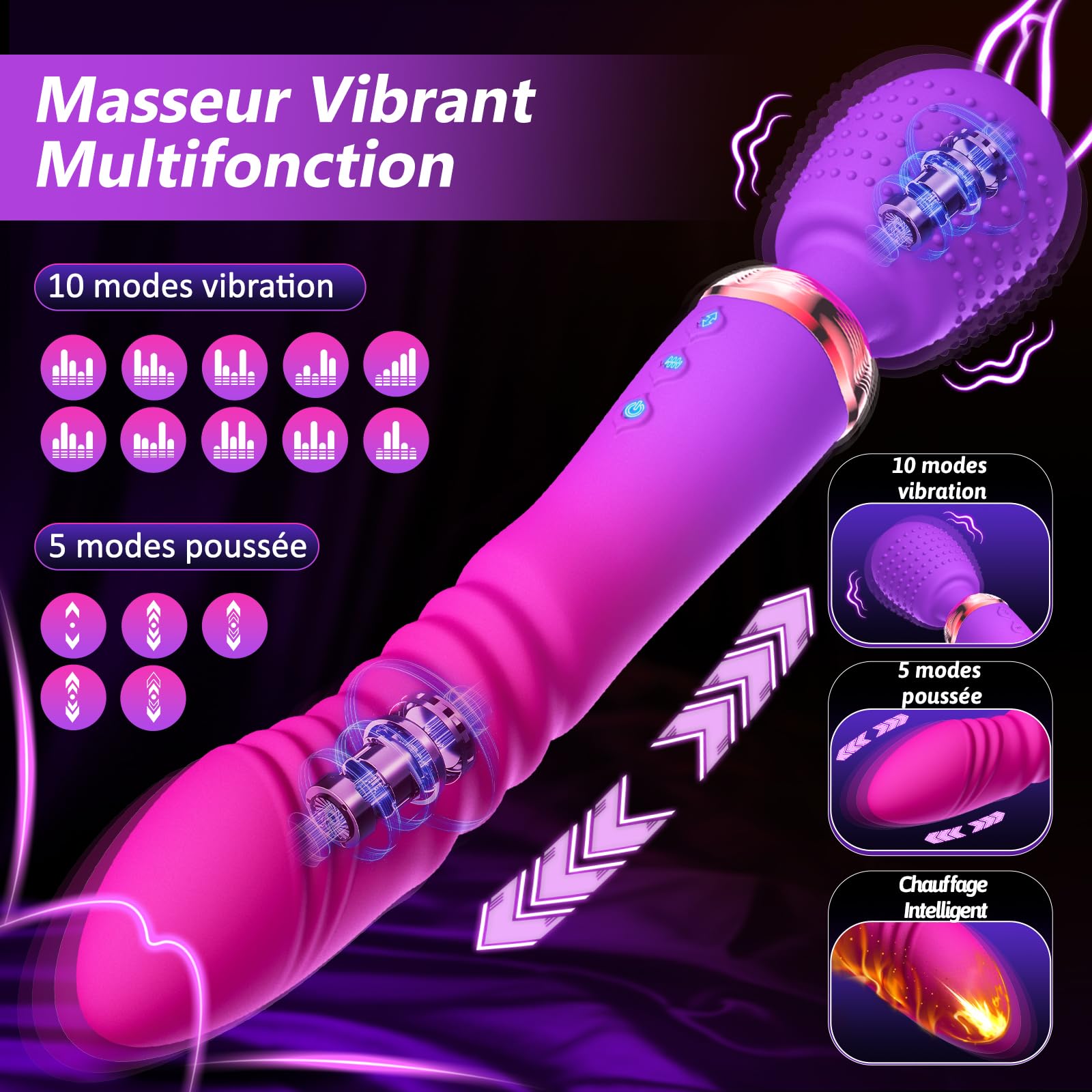 Vibromasseur Va-et-Vient Gode Vibro-Masseur Sexes Toye Femmes, Jouet Sexuel avec 10+5 Modes Vibrator et Chauffage, Sextoyse Couple Plaisir, Sex Toys Vibromasseurs Féminins Clitoridien & Point G