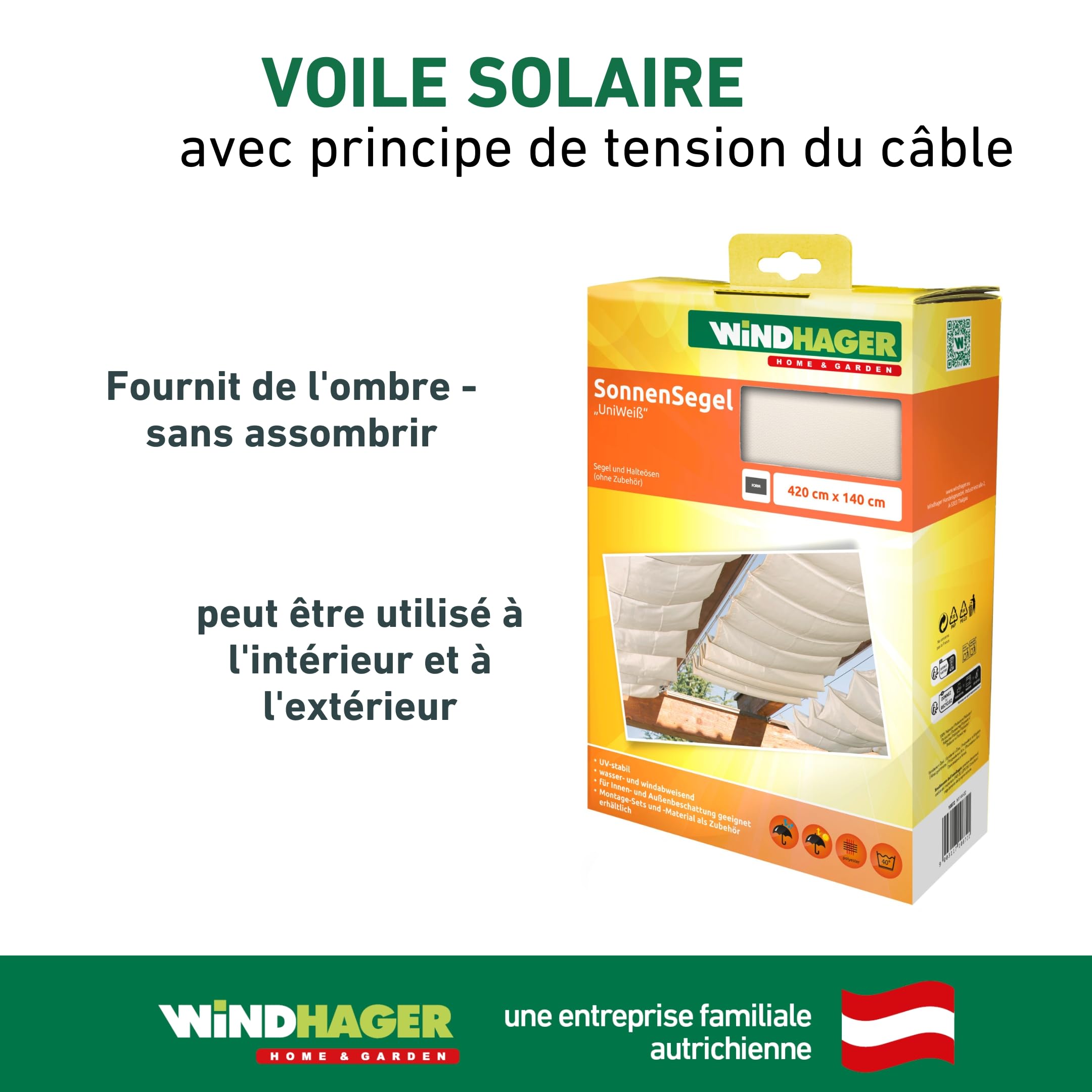 Windhager Voile d’ombrage pour système de câbles 420 x 140 cm Blanc, Protection Solaire pour Balcon, terrasse et Jardin, Toile d’ombrage rectangulaire résistante aux UV, Installation Facile, 10872