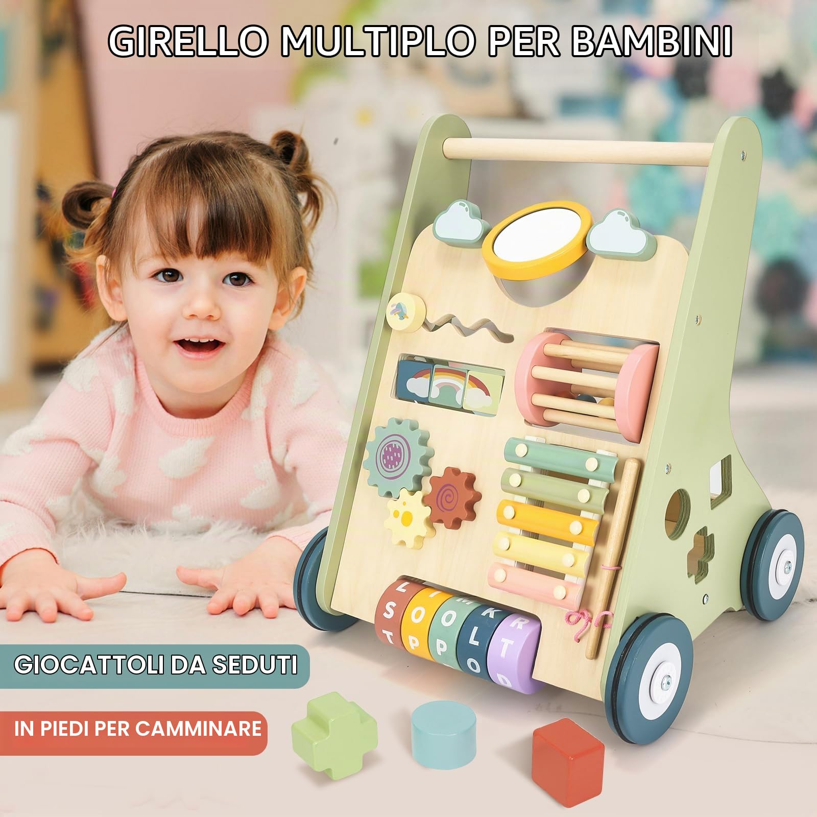 Carrello Primi Passi Legno Bambini, Giochi Montessori 12+ Mesi | 10 Attività Sensoriali, Velocità Regolabile, Xilofono Labirinto Perle Specchio, Regalo Bambini e Bambine