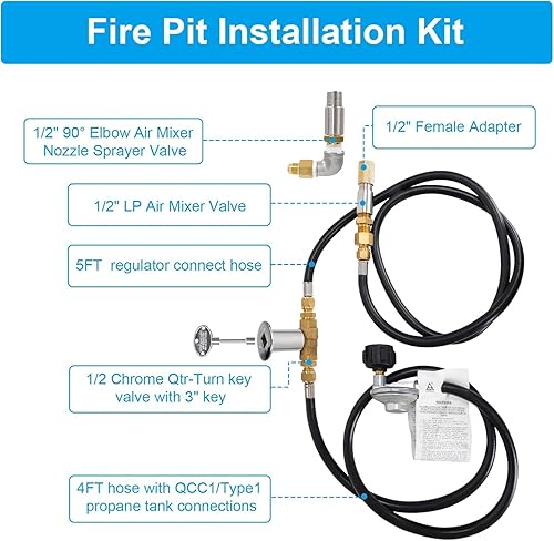 Miniatura 7 de Kit de instalación de chimenea de propano para exteriores con válvula de llave cromada de 12 pulgada, kit de válvula de llave de gas para fogata de