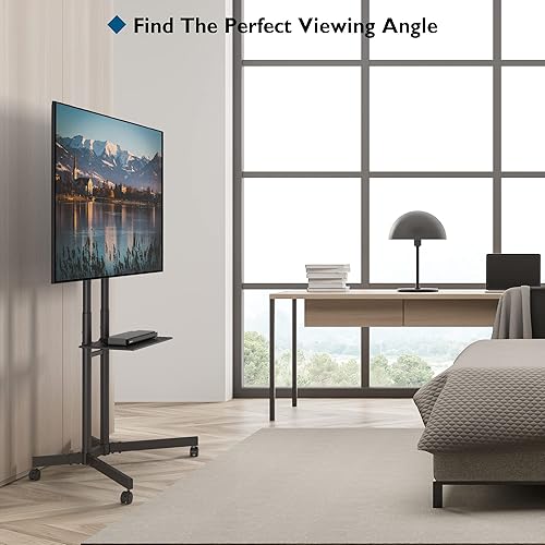 Miniatura 7 de BONTEC Soporte de TV móvil, soporte de suelo inclinable con ruedas de bloqueo para televisores LED, LCD, OLED planos y curvos, altura ajustable