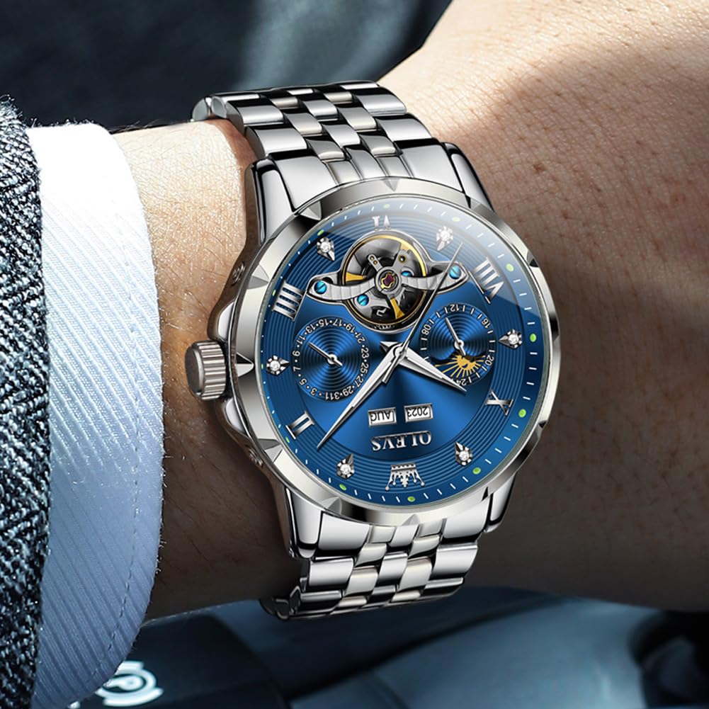 OLEVS Herrenuhren, mechanisch, automatisch, selbstaufziehend, luxuriös, Business-Kleid, Edelstahl, Tourbillon, Jahr/Monat/Tag, Mondphase, wasserdichte Uhren für Herren (blau/schwarz)