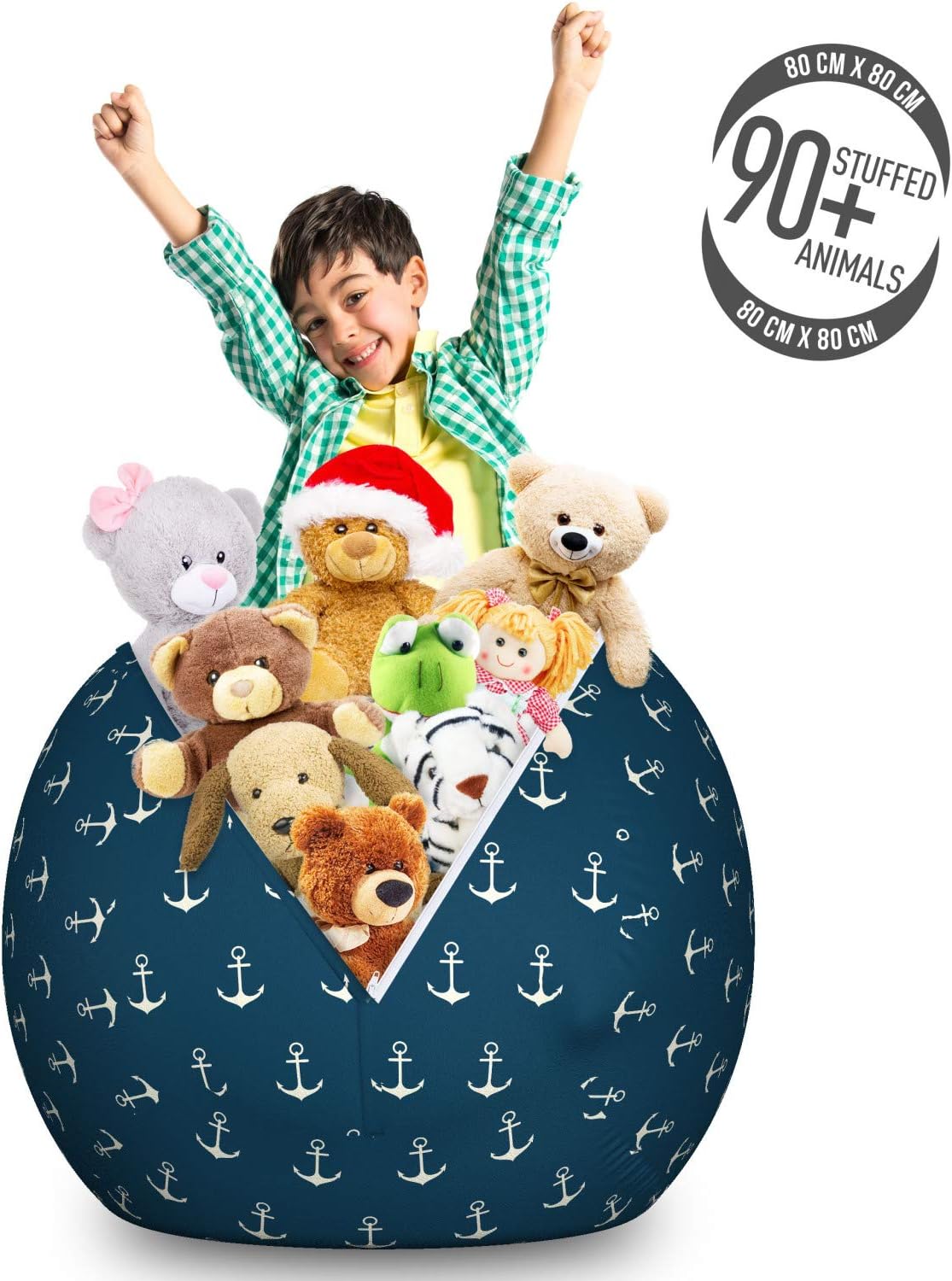 Ambesonne Anchor Storage Toy Bag Chair, Nautical Pattern Classic Colors and Anchors Simplistic Design Sailor Ship Print, Stuffed Animal Organizer Washable Bag, Large Size, White Blue