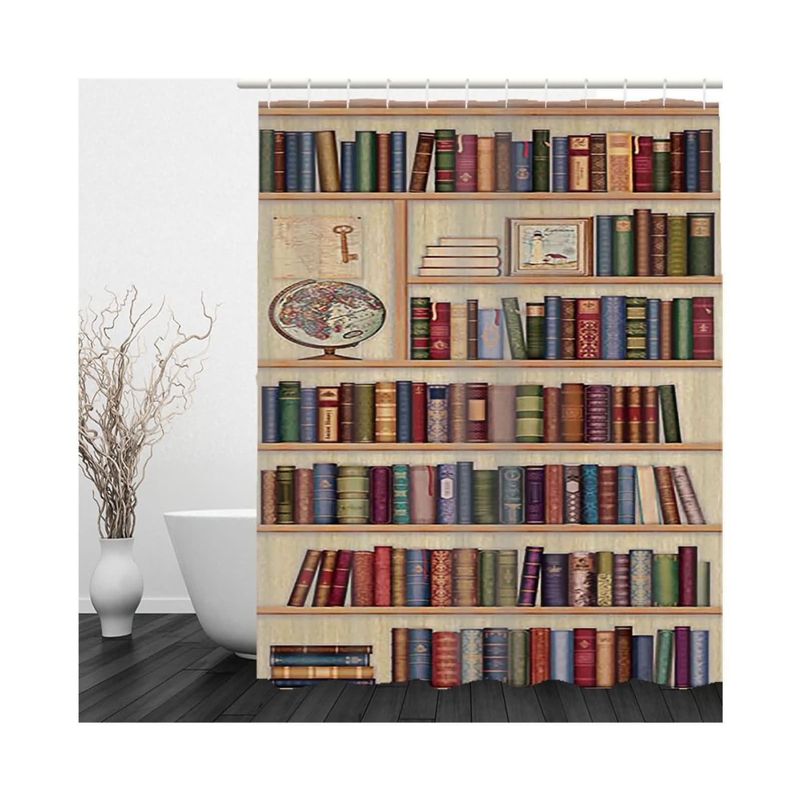 Rideau de douche anti-moisissure et imperméable lavable avec anneaux motif bibliothèque