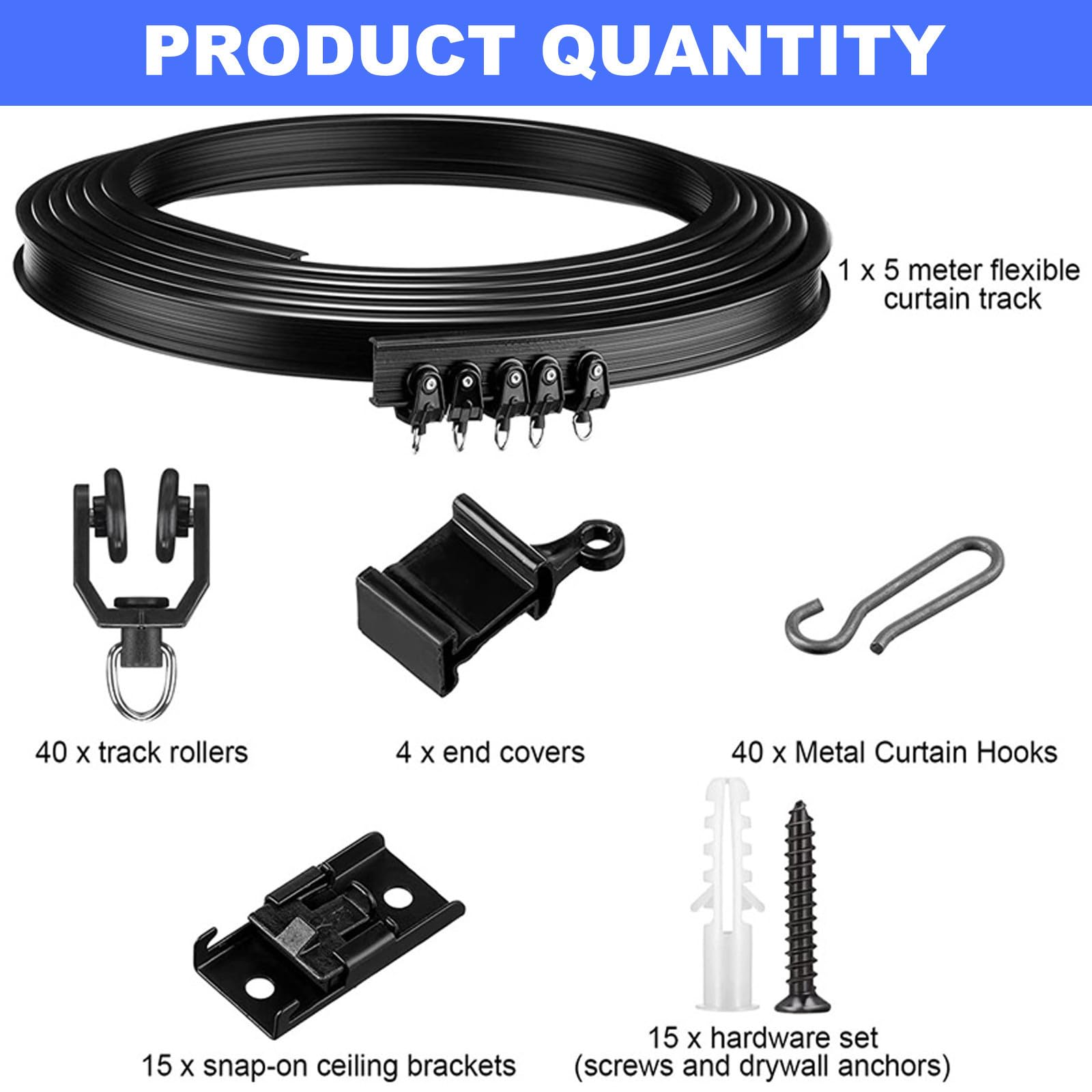 ULTECHNOVO Rail de Rideau Courbe Noir 5m, Flexible, 1 Set PVC Acier