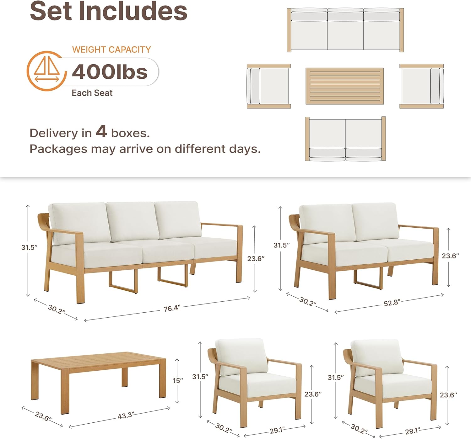 KISLOT Aluminum Outdoor Patio Furniture Set with Coffee Table,6 Seater Patio Conversation Sets with Washable Thick Cushions,Outdoor Sectional Furniture Set for Poolside, Balcony,Wood-Grain Frame