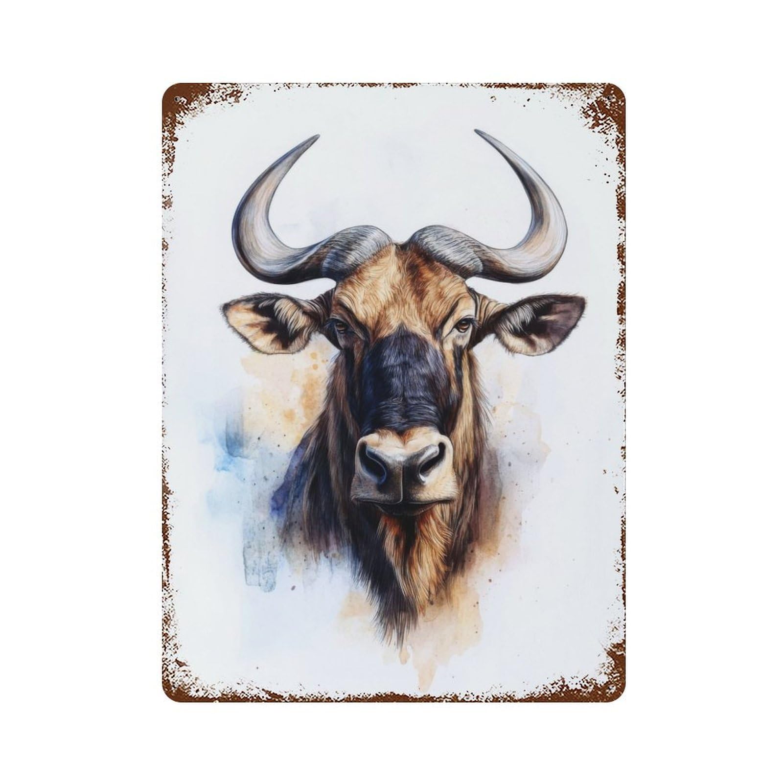 Rust Effect Wildebeest Watercolor Portrait Vintage Rust Metal Sign 15.7"x11.8", Classic Wall Plaque for Shed, Workshop And Garage Wall Decor