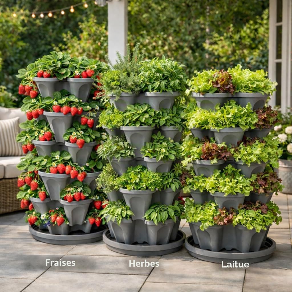 Jardin de Fraises empilable à 5 Niveaux – Jardinière empilable intérieur/extérieur de 24 litres avec Soucoupe Goutte à Goutte – Cultivez des Herbes, des Fraises et des Fleurs dans la Cuisine ou Le