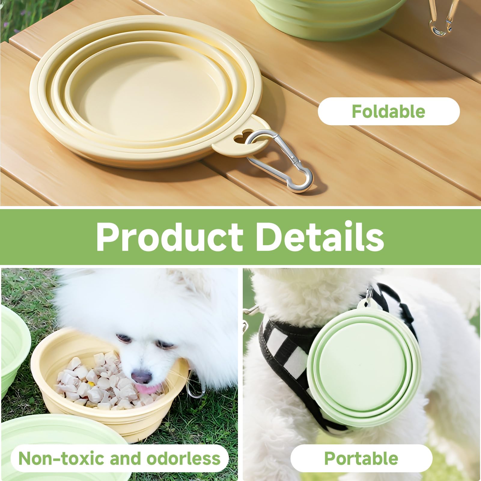Bebedero Perro Plegable, 2 Pieces Bebedero Perro Portatil 350 ml de Silicona para Mosquetón Dog Bowl Plegable para Gatos Perros Viajes Cámping y Paseos (Amarillo + Verde)