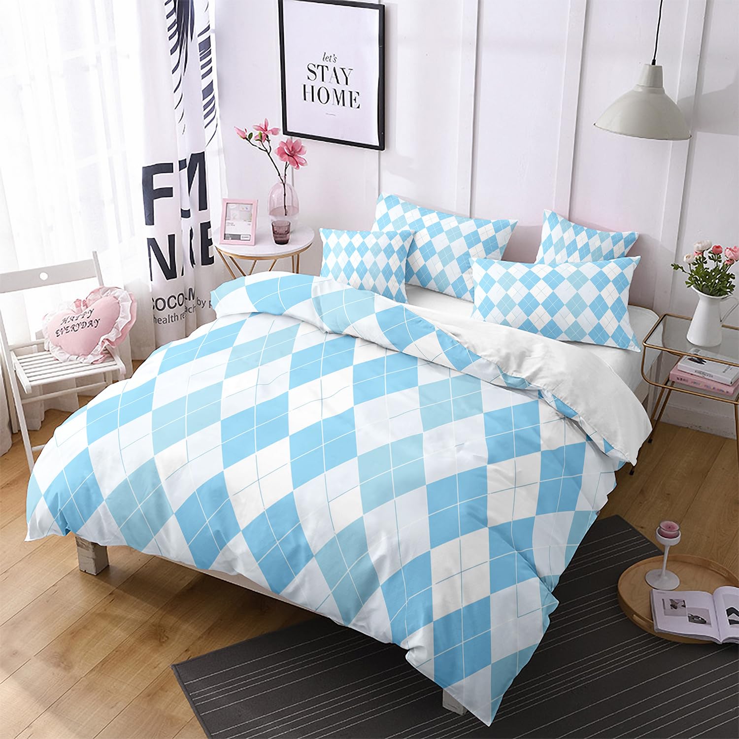 Copripiumino Singolo con Motivo Geometrico A Rombi Blu e Bianco, Set di Biancheria da Letto Giapponese Carino Per Bambini, Ragazzi e Adulti, Copripiumino Patchwork Moderno e Semplice Per Tutte Le St