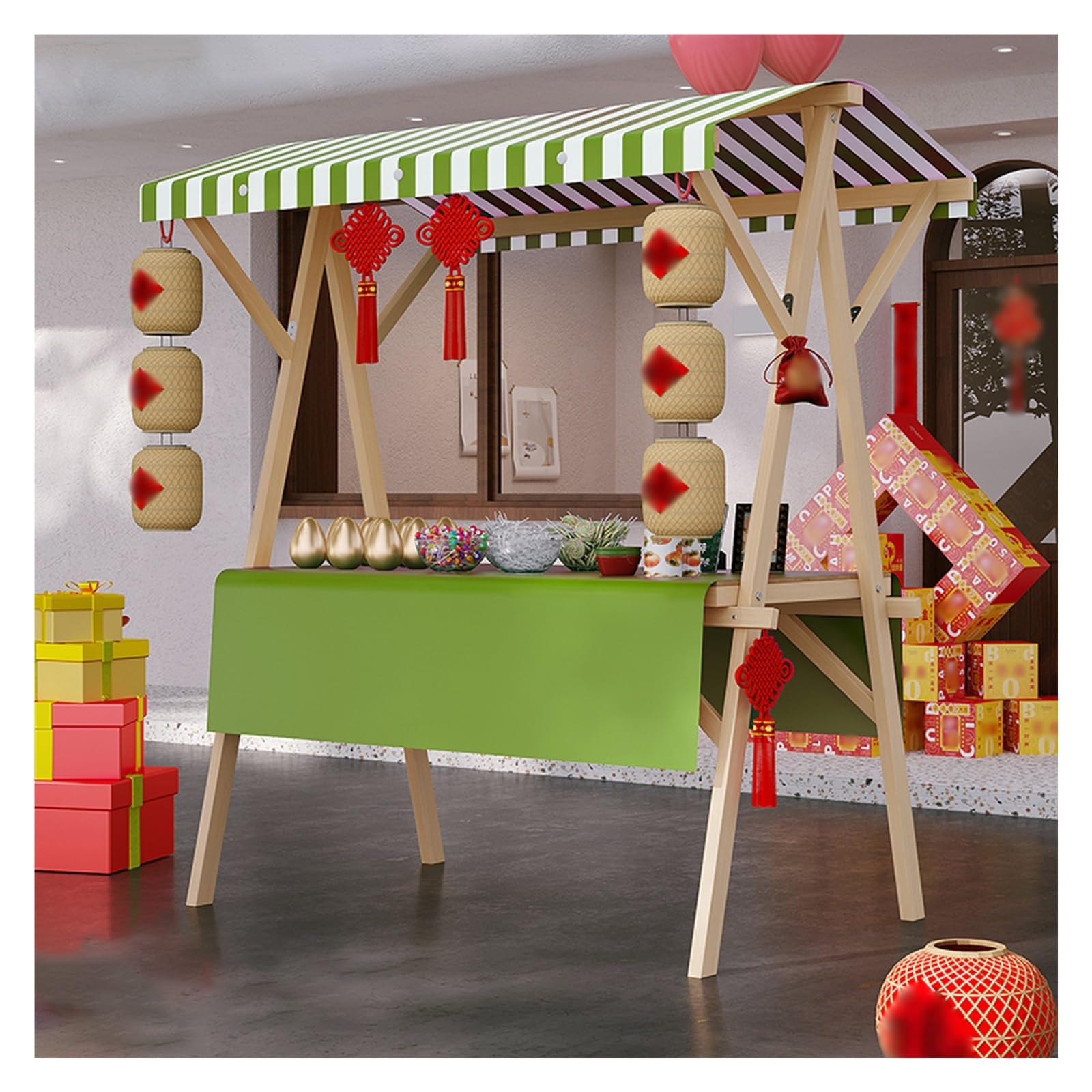 Carrello alimentare mobile a 360° in legno pieghevole per venditori di alimenti Green2 120 x 200 cm (47,2 x 78,7 pollici) Display portatile per venditori ambulanti
