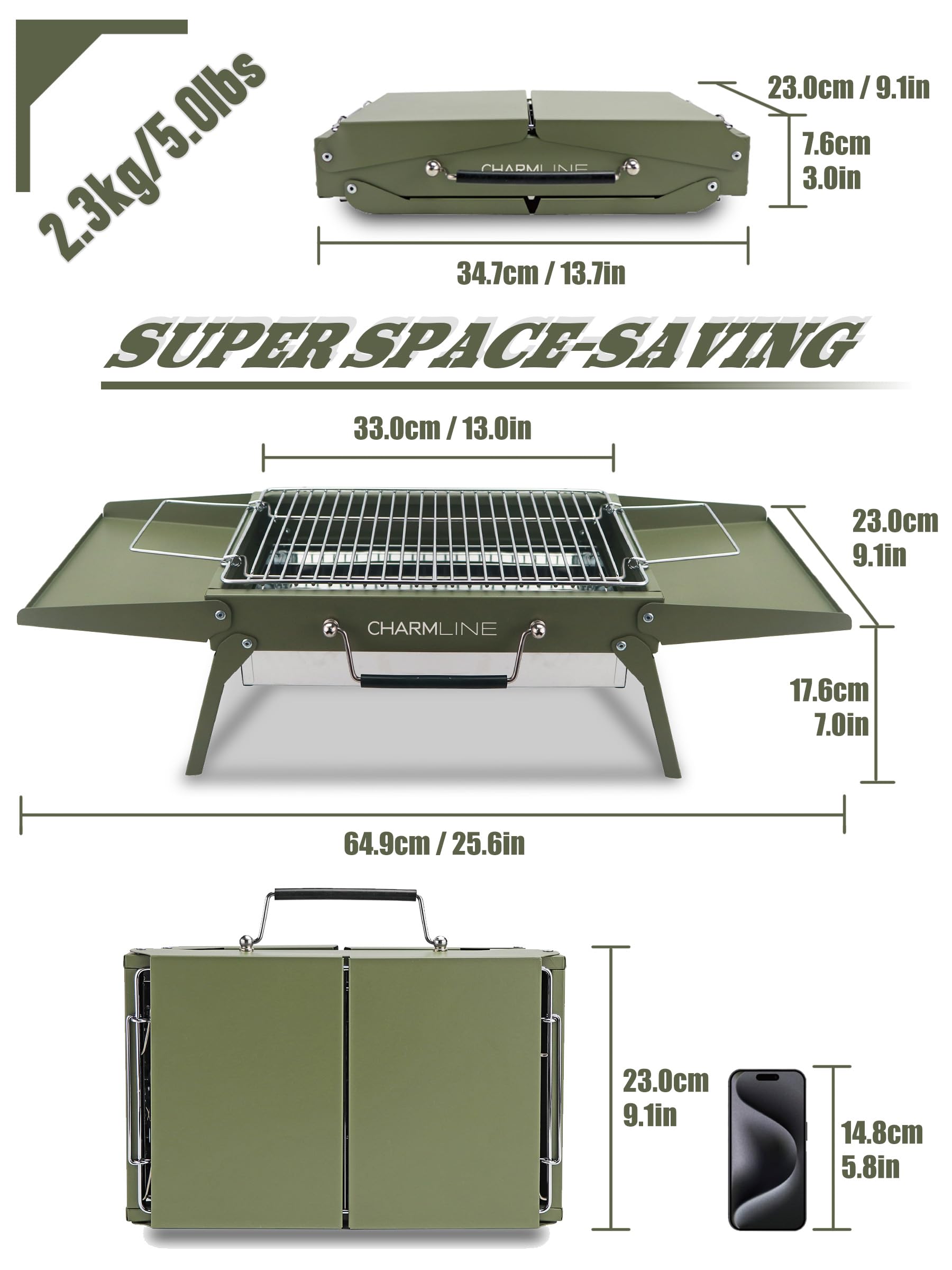 Charmline 34 x 23 cm Portable Charcoal BBQ Grill, Foldable Compact Camping Barbecue for 1-3 People, Ideal for Garden Beach - Image 4