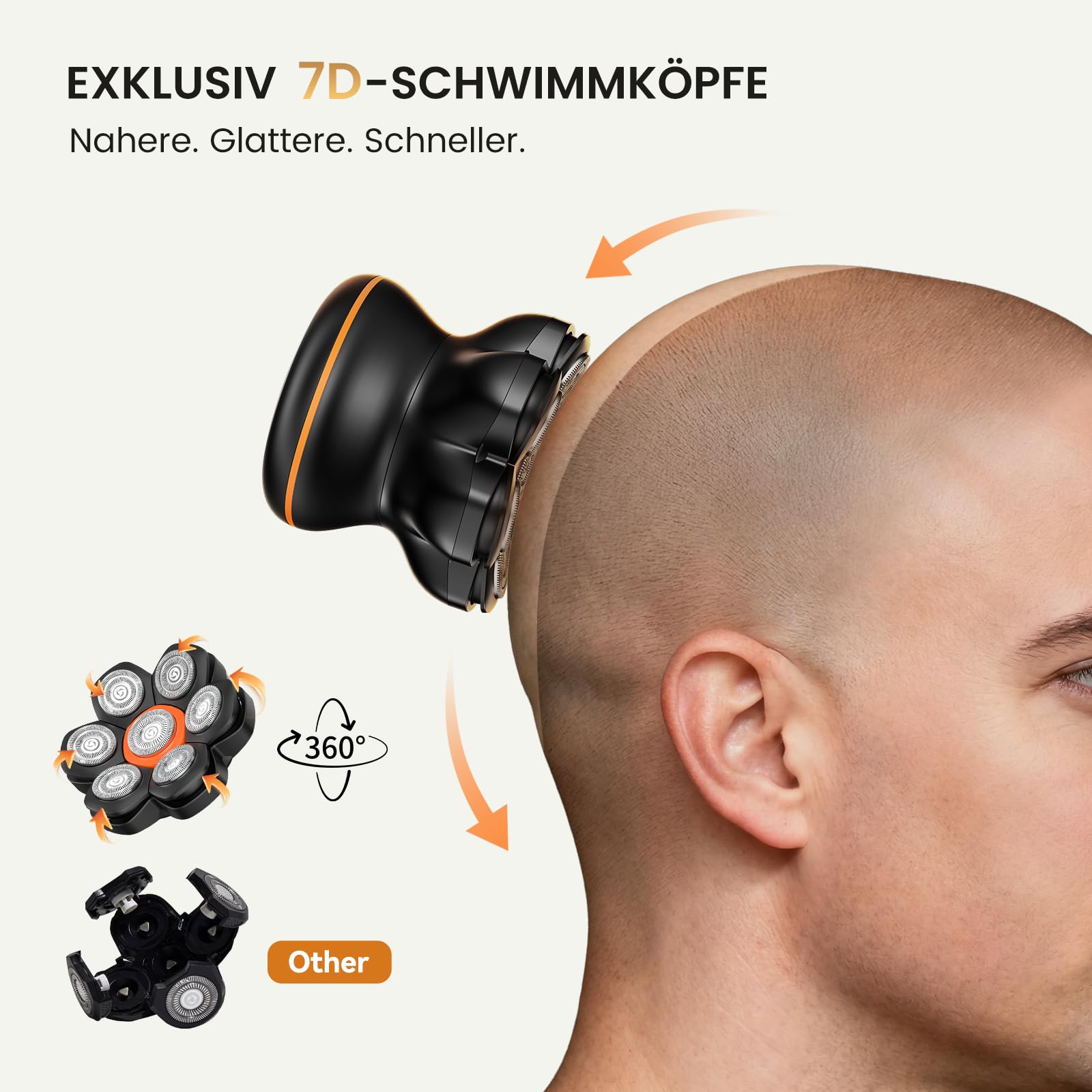 Glatzen Rasierer Herren,MAXGROOM 7D Glatzenrasierer, Wasserdichter Kopfrasierer Glatze,Magnetische Kopf Rasierer Herren,Wiederaufladbar Typ-c Head Shaver Men,Leicht zu Reinigen