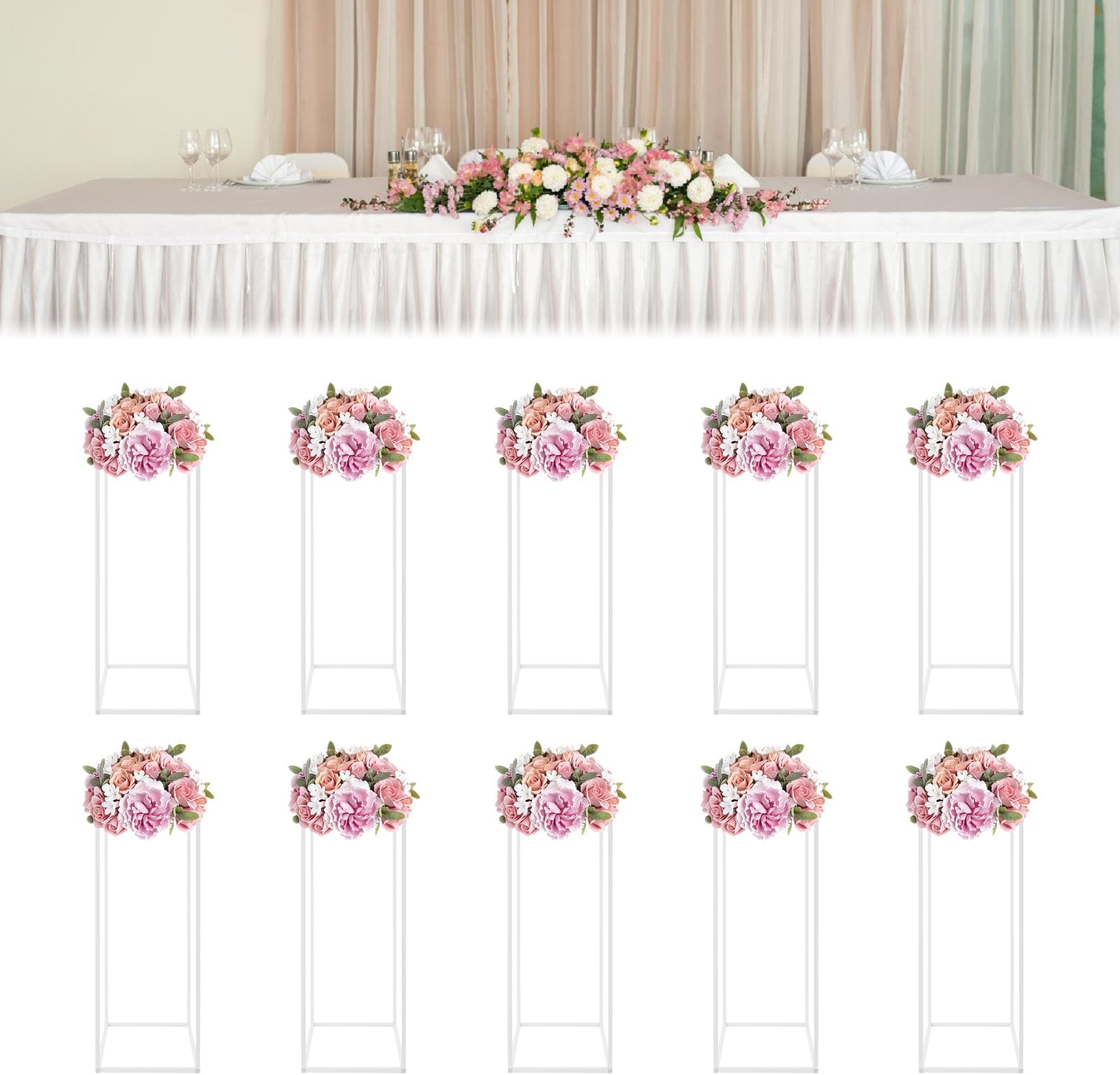 10PCS 23.6in Metal Flower Stand for Wedding Table Centrepieces, Vase Column Geometric Centerpiece Stands, White Rectangular Floral Display Rack for Events Reception, Party Decoration