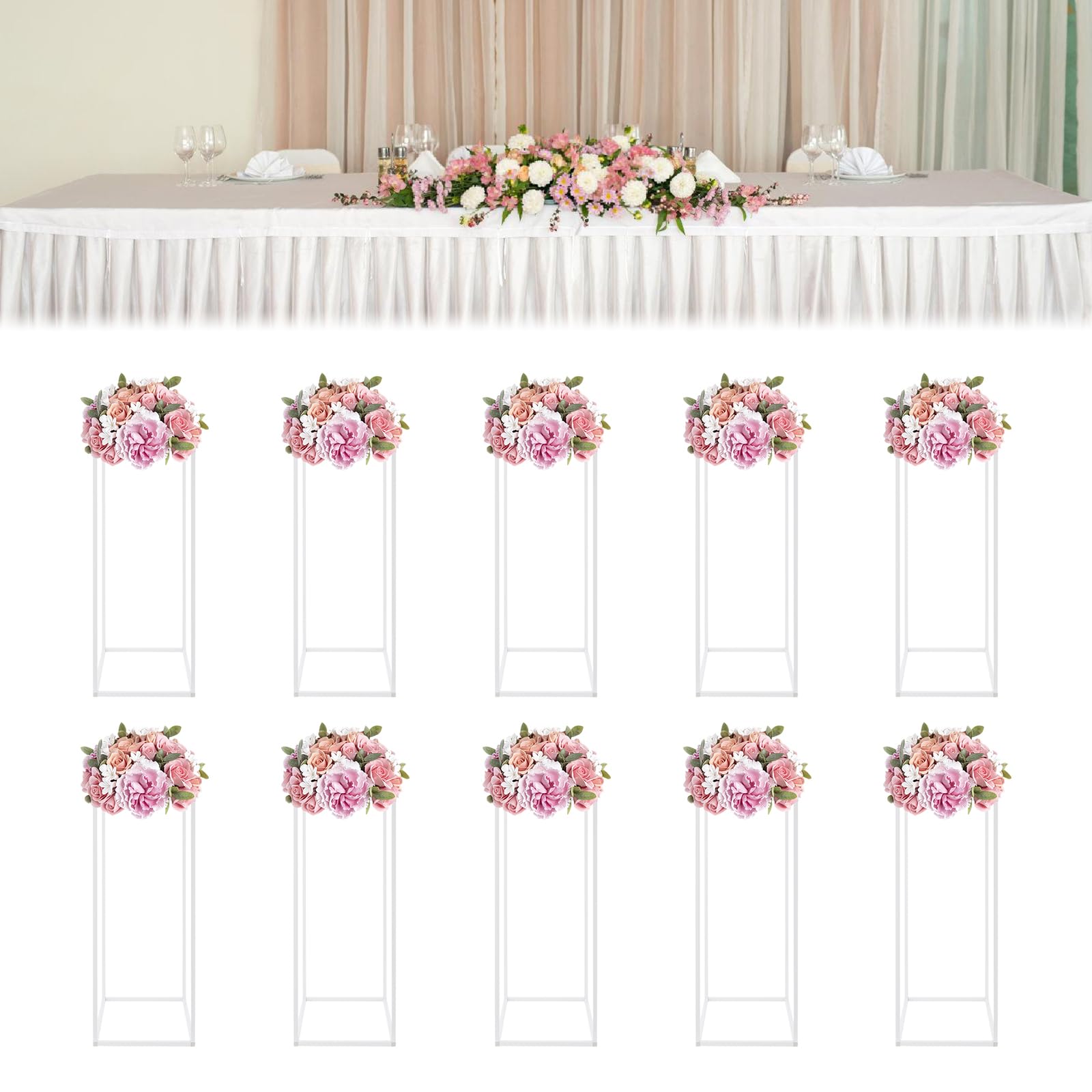 HUSPOO 10PCS 23.6in Metal Flower Stand for Wedding Table Centrepieces, Vase Column Geometric Centerpiece Stands, White Rectangular Floral Display Rack for Events Reception, Party Decoration