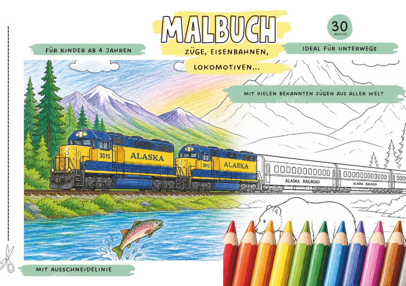 Malbuch Züge für Kinder ab 4 Jahren: Ein spannendes Ausmalbuch | Ideal für unterwegs | 30 Motive: ICE, Dampfloks, Regionalbahnen & Züge aus aller Welt | Mit Ausschneidelinie