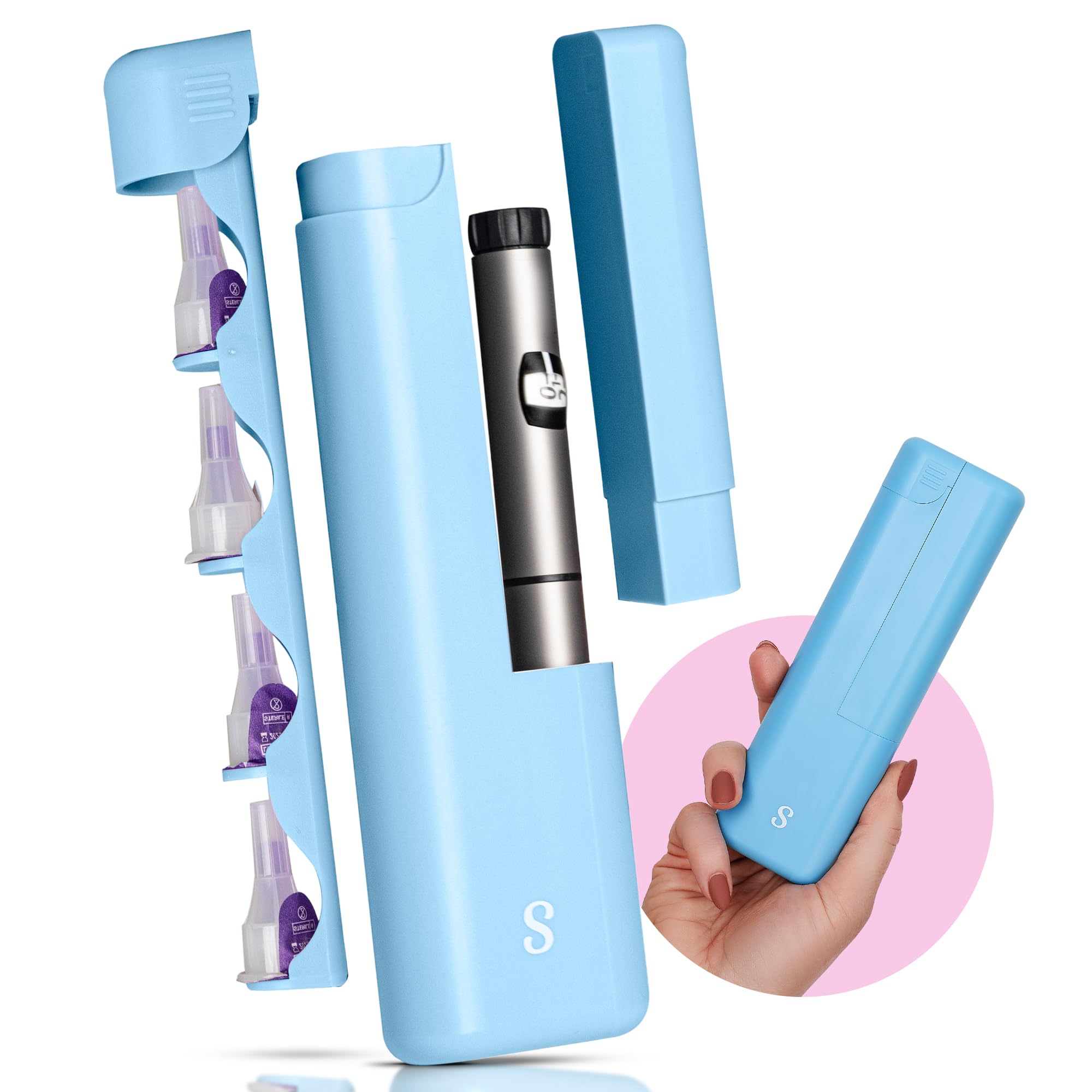 STRAWBERRY & CO DailyEase インスリントラベルケース シャープディスペンサー内蔵 – TSA承認の糖尿病用品オーガナイザー Ozempic、インスリンペン、ニードルストレージ用 - ブルー