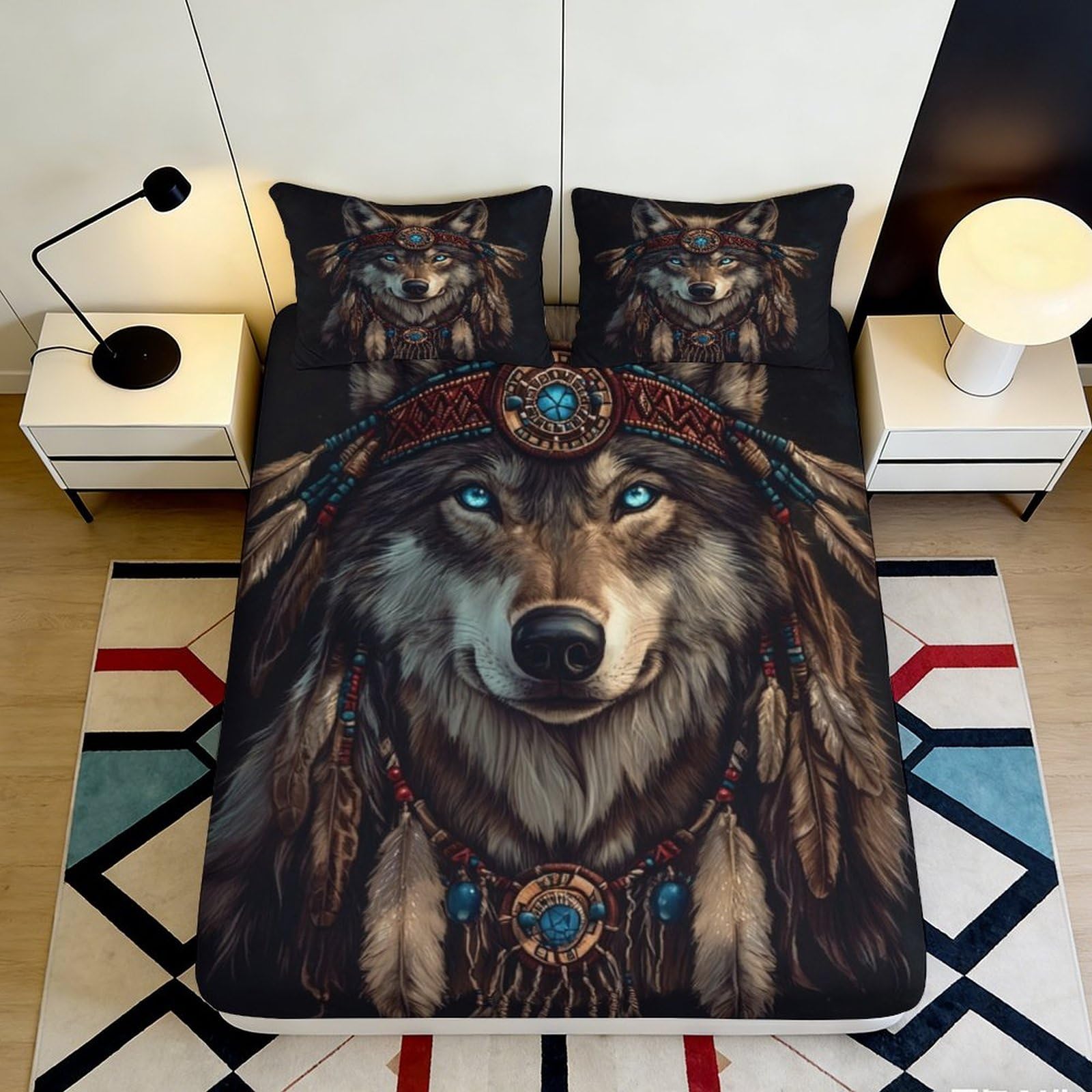 Pnayamiorkfel Style-8 3D Printed Wolf Dreamcatcher Fitted Sheet Microfiber Soft Bedroom Decor Native Style Mattress Cover Gift 90X200x25cm