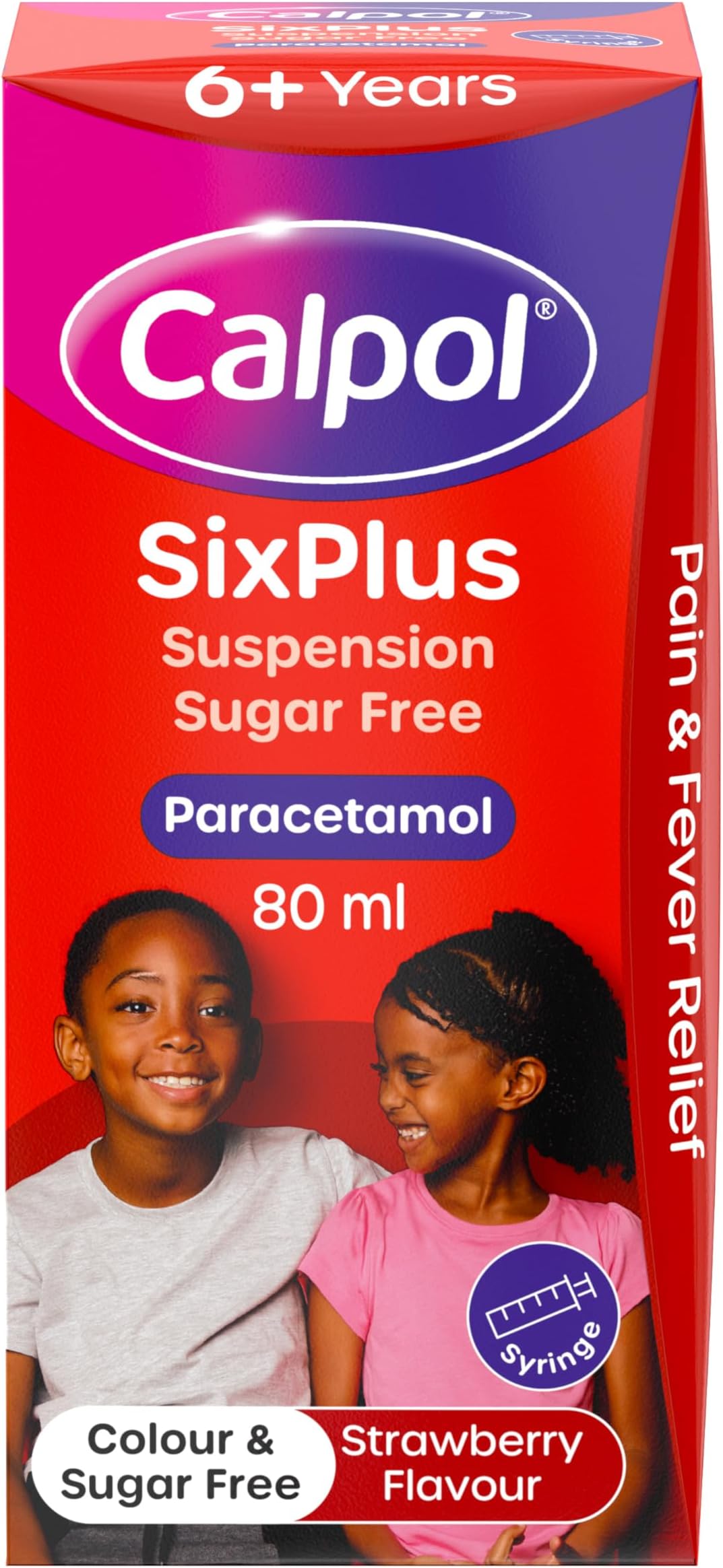 SixPlus Oral Suspension Paracetamol (1 x 80ml), Sugar-Free Strawberry Flavour Calpol 6 Plus with Paracetamol for Fever & Pain Relief, Suitable for Kids from 6 Years