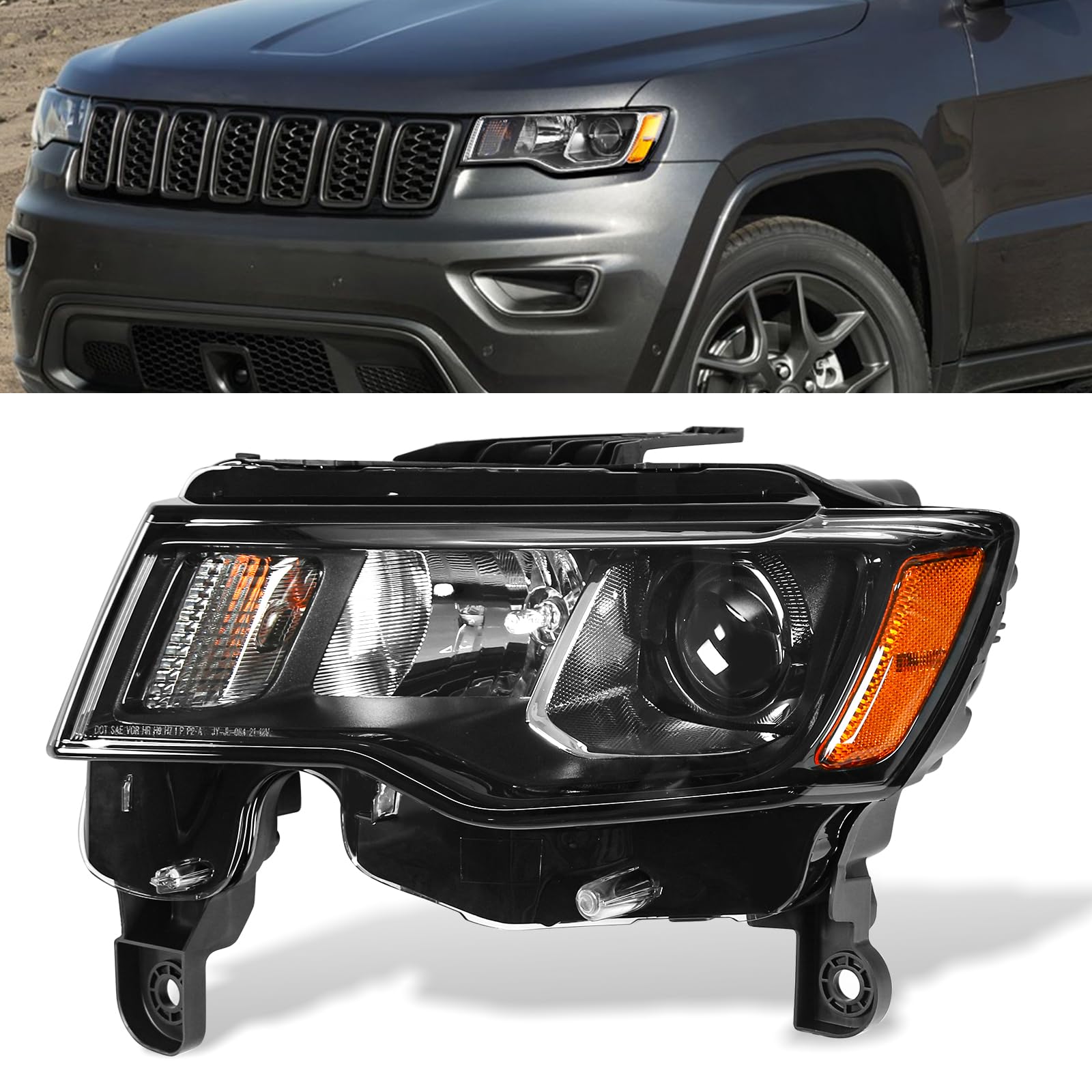 Headlight Compatible with Grand Cherokee 2017-2021 Direct Replacement Black Headlamp Assembly 68266646AD (Left Driver Side)