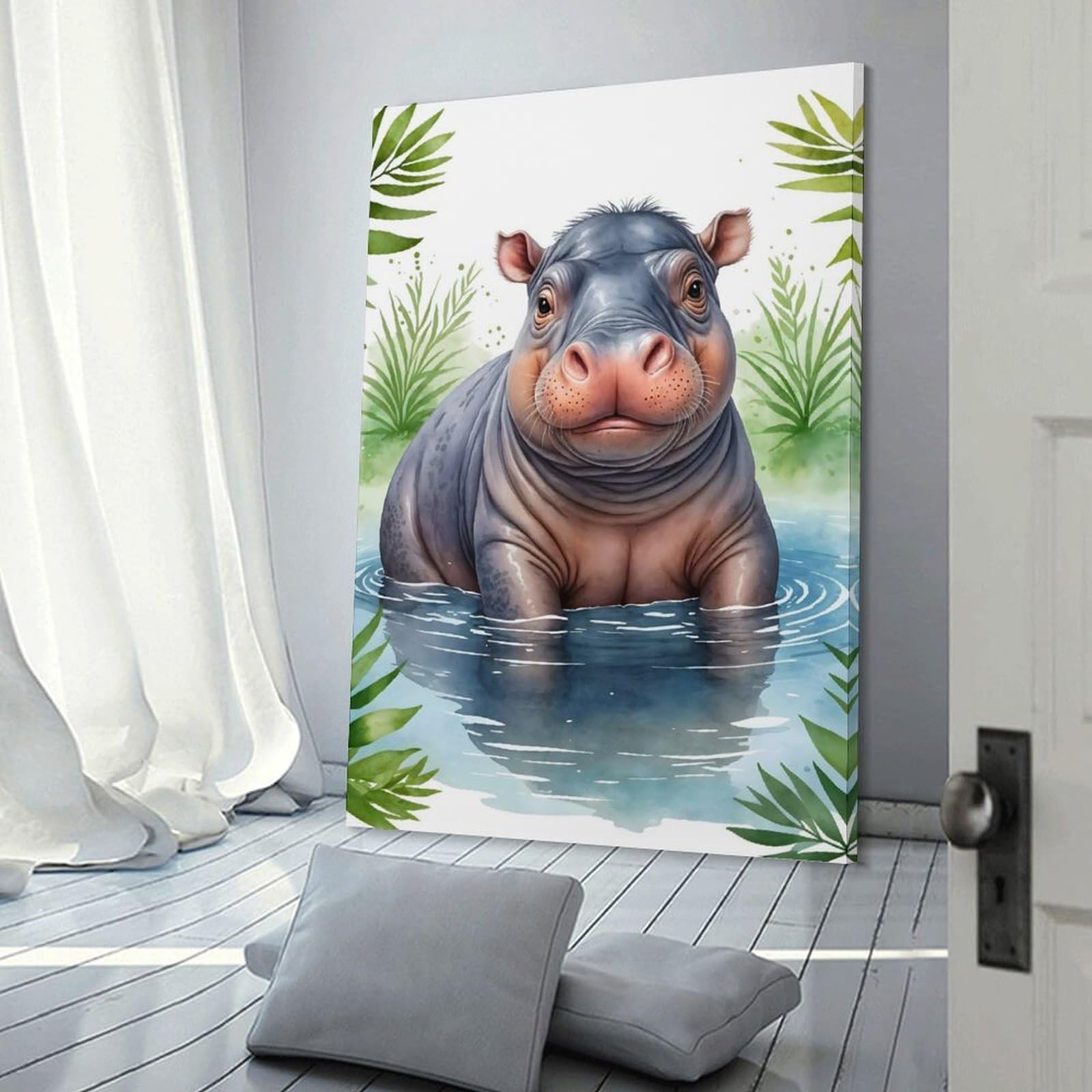 Junmoney Canvas Wall Art Cute Hippo Watercolor, 16x24inch(40x60cm), for Living Room, Bedroom, Office Or Hallway, Decorative Artwork with Broad Appeal