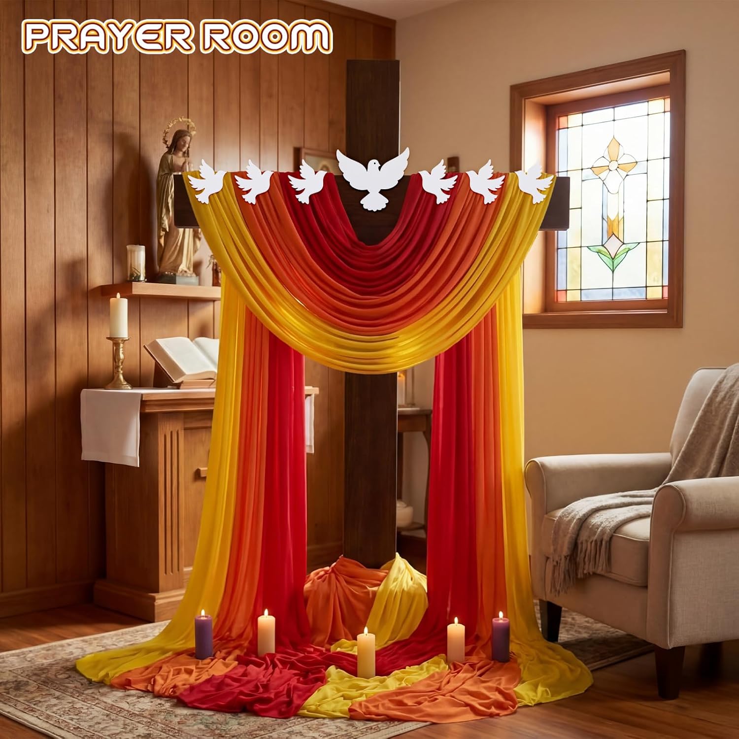 Tegeme 10 Pcs Pentecost Decorations Set Include 3pcs Long Red Series Ribbon and 7pcs Dove Pigeon Paper Cutouts Pentecost Background Religious Belief Christian for Religious Sunday Party Decor
