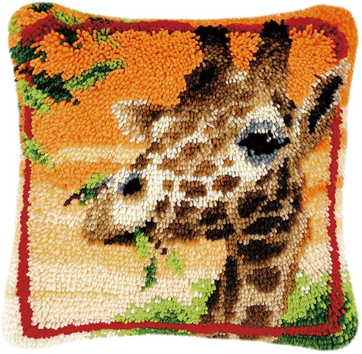 MLADEN Latch Hook Kit DIY Hooking Pillow Cover Sofa Cushion Cover Latch Hook Craft Kit Pillow for Kids and Adults 17 X 17in (Giraffe)