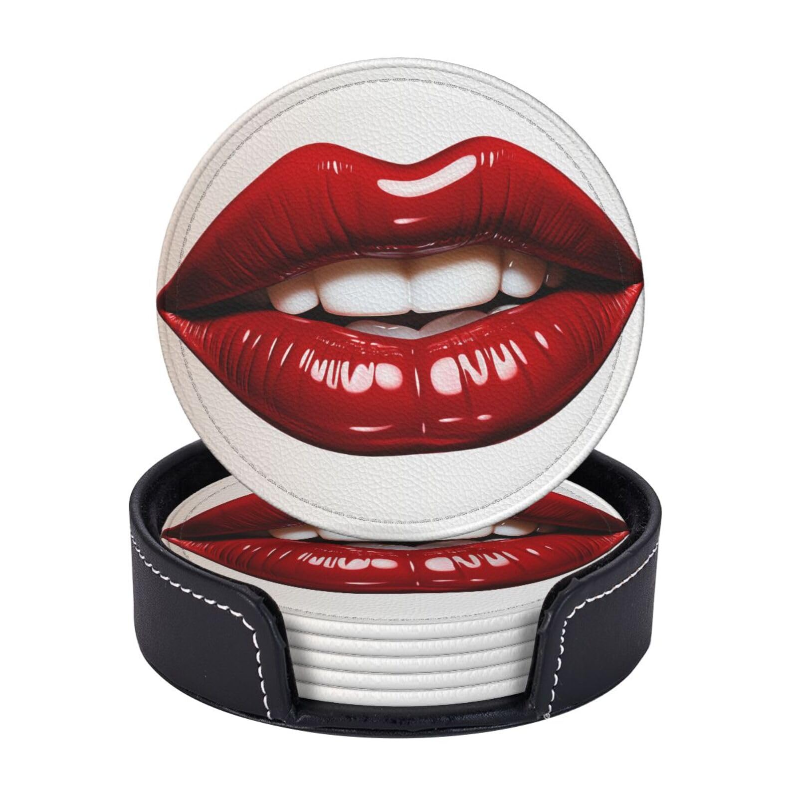 6Pcs Drink Coasters with Holder Cup Coaster Cute Graphic Red Lips Round Cup Mat Pad 3.9" Leather Coaster for Drinks Waterproof Bar Beer Beverage Coasters Set for Kinds of Cups