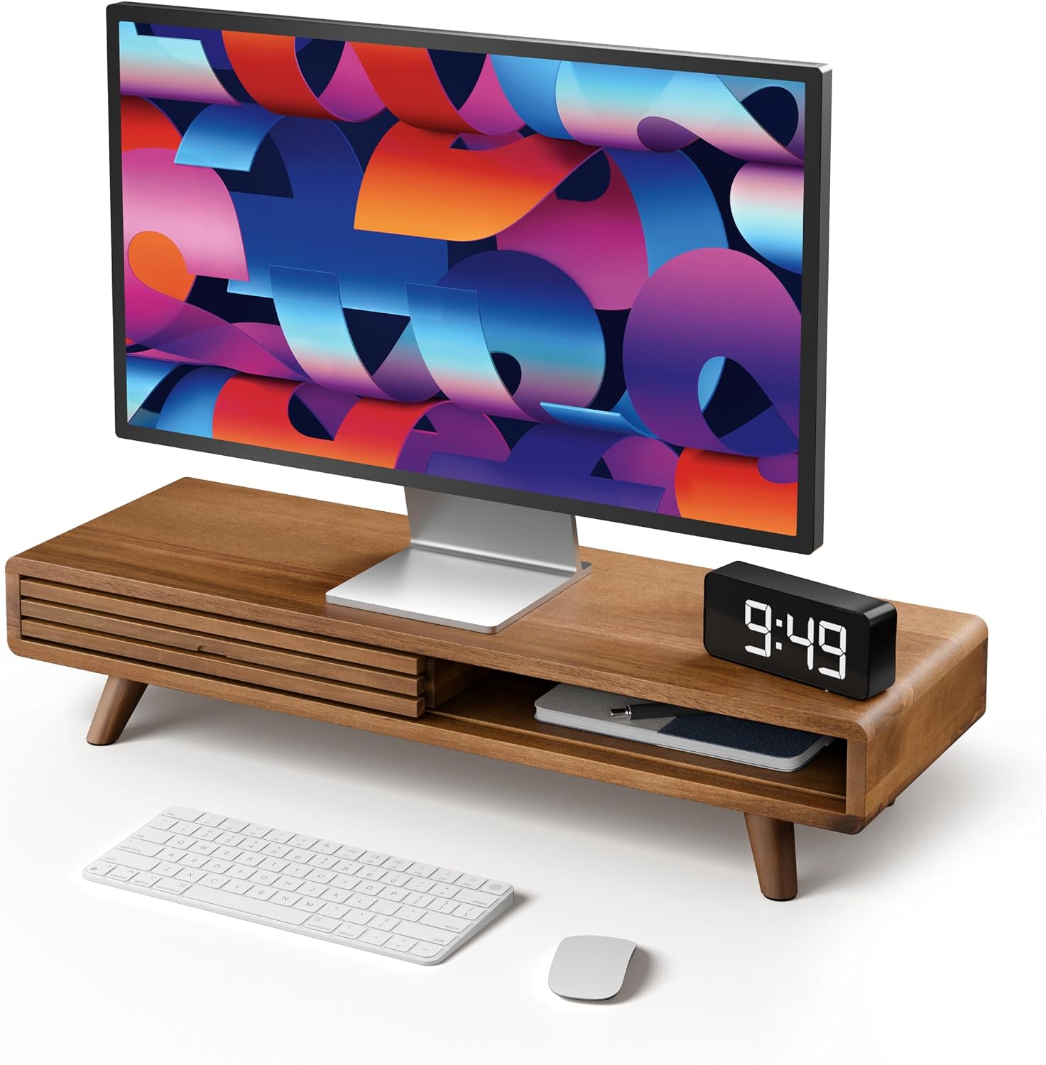 Tinamo 24" Wooden Monitor Stand Riser with Storage Organizer, Walnut Color | Acacia Wood, Sliding Door, Cable Management, Fits up to 32" Monitors, Multi-purpose Storage, Used for Computer, Laptop, TV