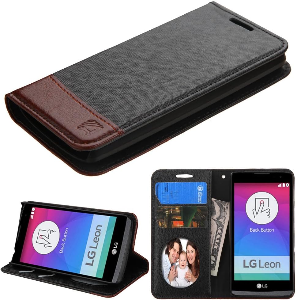 LG Leon LTE C40 / LG Power L22C / Power L22C / Destiny L21G Execuitive Hybrid Design Leather Business Credit Card Wallet Tray + Wallet Case Flip Pouch Cover By Tunz (Black/Brown)