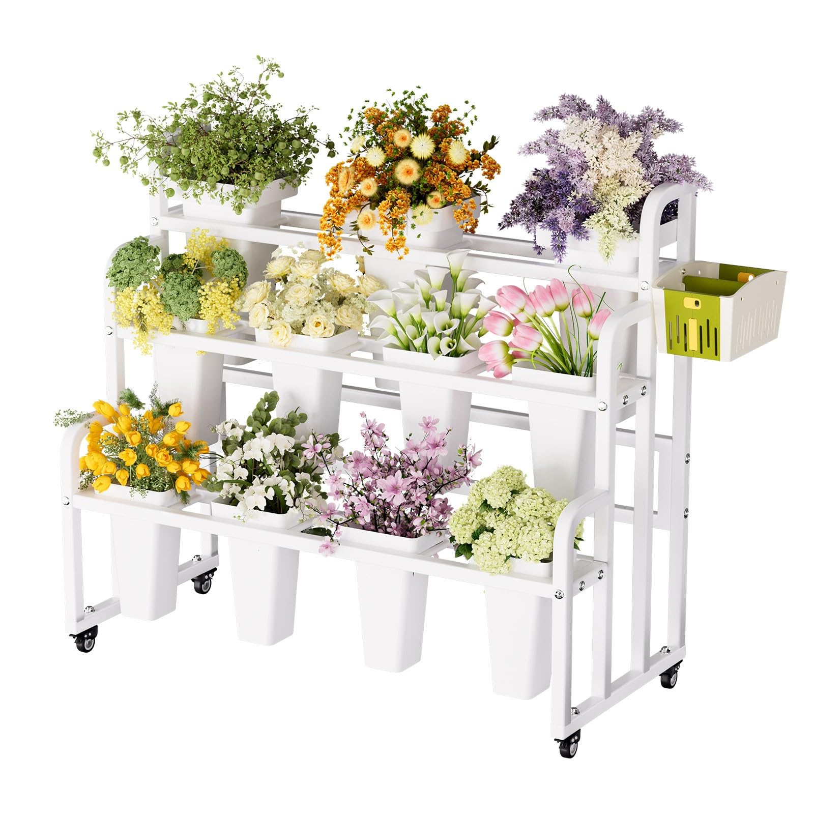 Espositore per Fiori a 3 Livelli, Carrello Fiorista con Ruote per Negozio Giardino