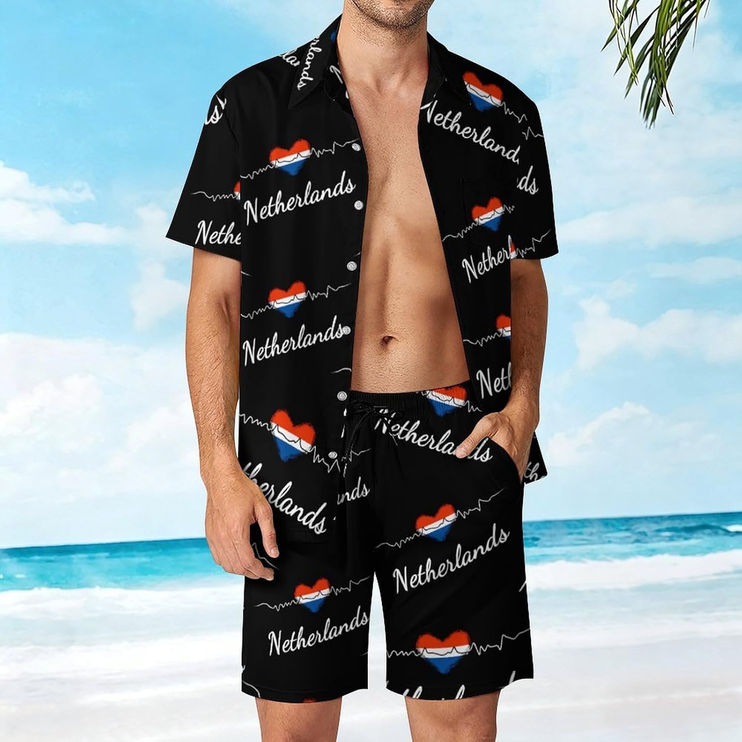 Netherlands Heart Heartbeat Summer Mens Vacation Outfits Beach Shirts Shorts Matching Set