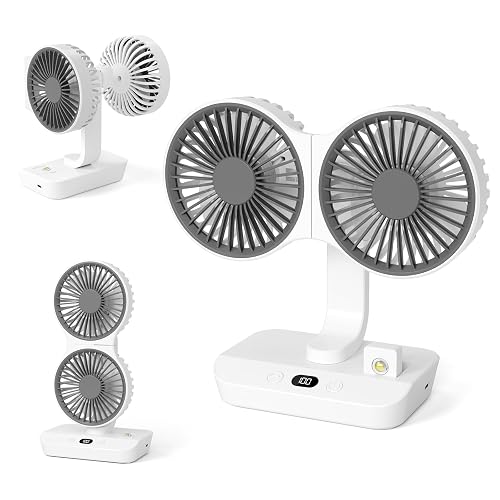 Morelax Dual Head Desk Fan with LED Light, USB Rechargeable