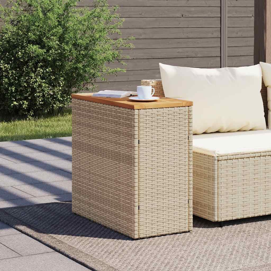 Mesa auxiliar de jardín con tablero de madera de acacia, color beige, 58 x 27,5 x 55 cm, polirratán, marco de acero recubierto de polvo para terraza, balcón, exterior, ideal como mesa de