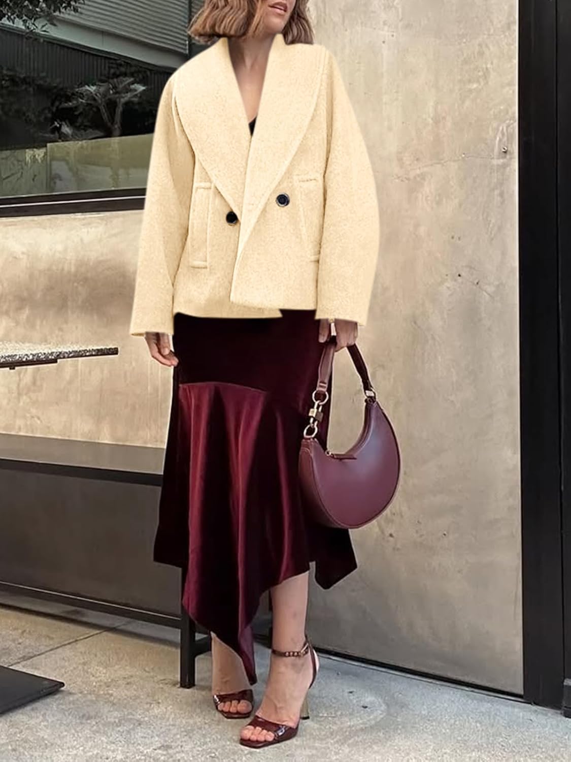 Yousify Womens Cropped Pea Coats Oversized Wool Blend Short Jackets Lapel Double Breasted Fall Winter Outerwear Outfits - Image 7