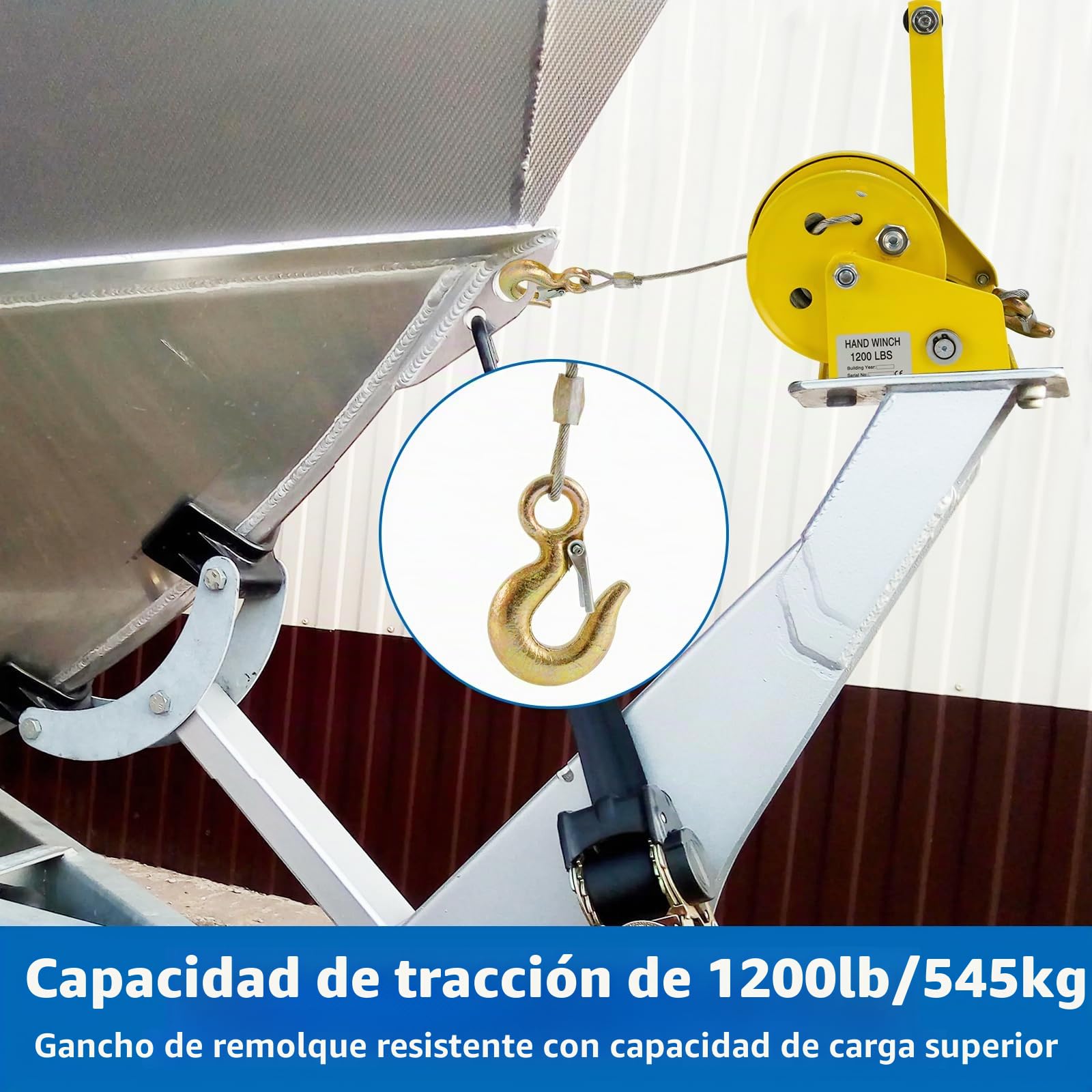 Cabrestante Manual 1200 libras con Freno Automático, para Remolques de Coches y Barcos, Herramienta de Grúa con Cable de acero de 10 m para Remolcar, Levantar y Usar en Exteriores