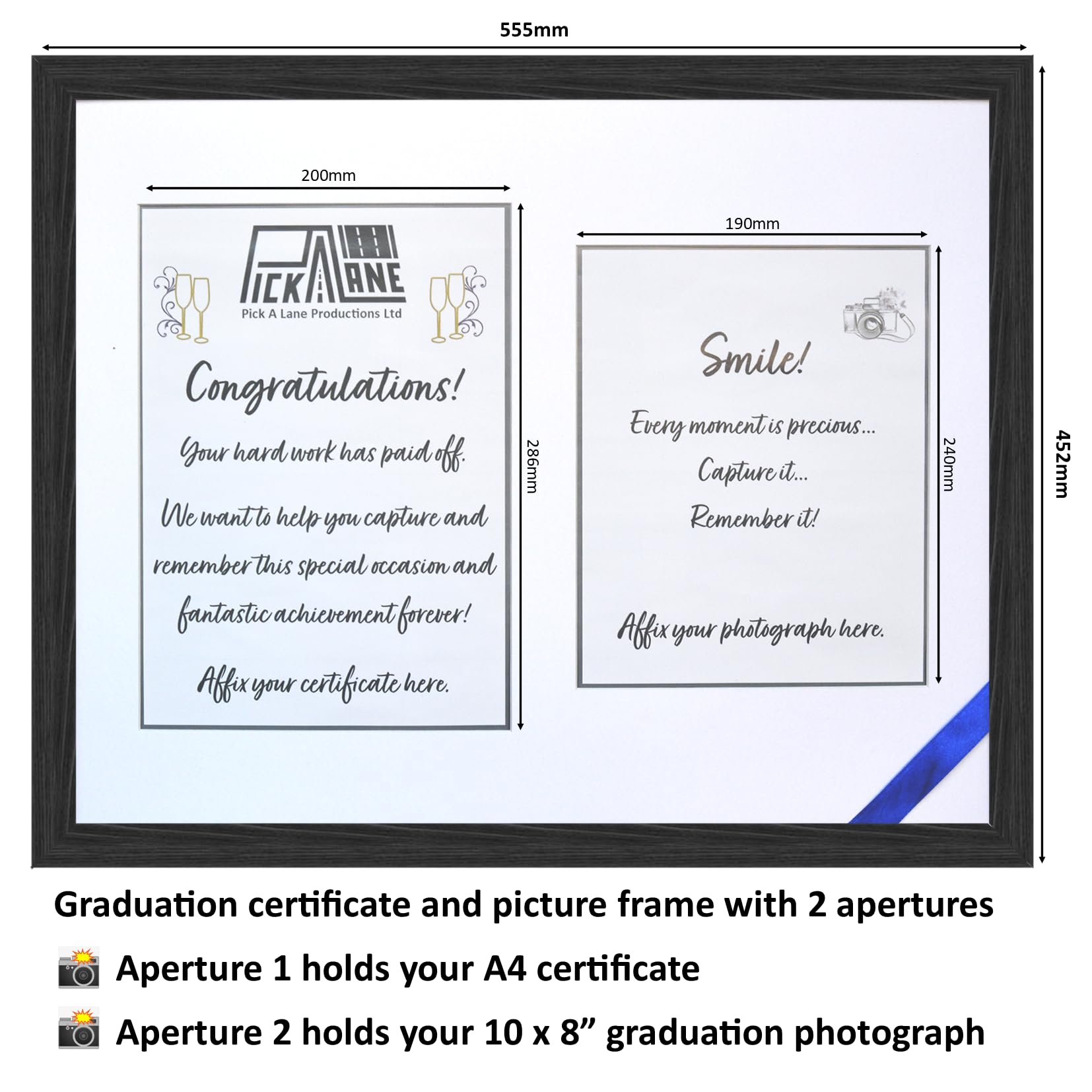 Graduation Frame (55.5cm x 45.2cm) to hold your Graduation Certificate & Photo, Includes 18 coloured ribbons - Image 2